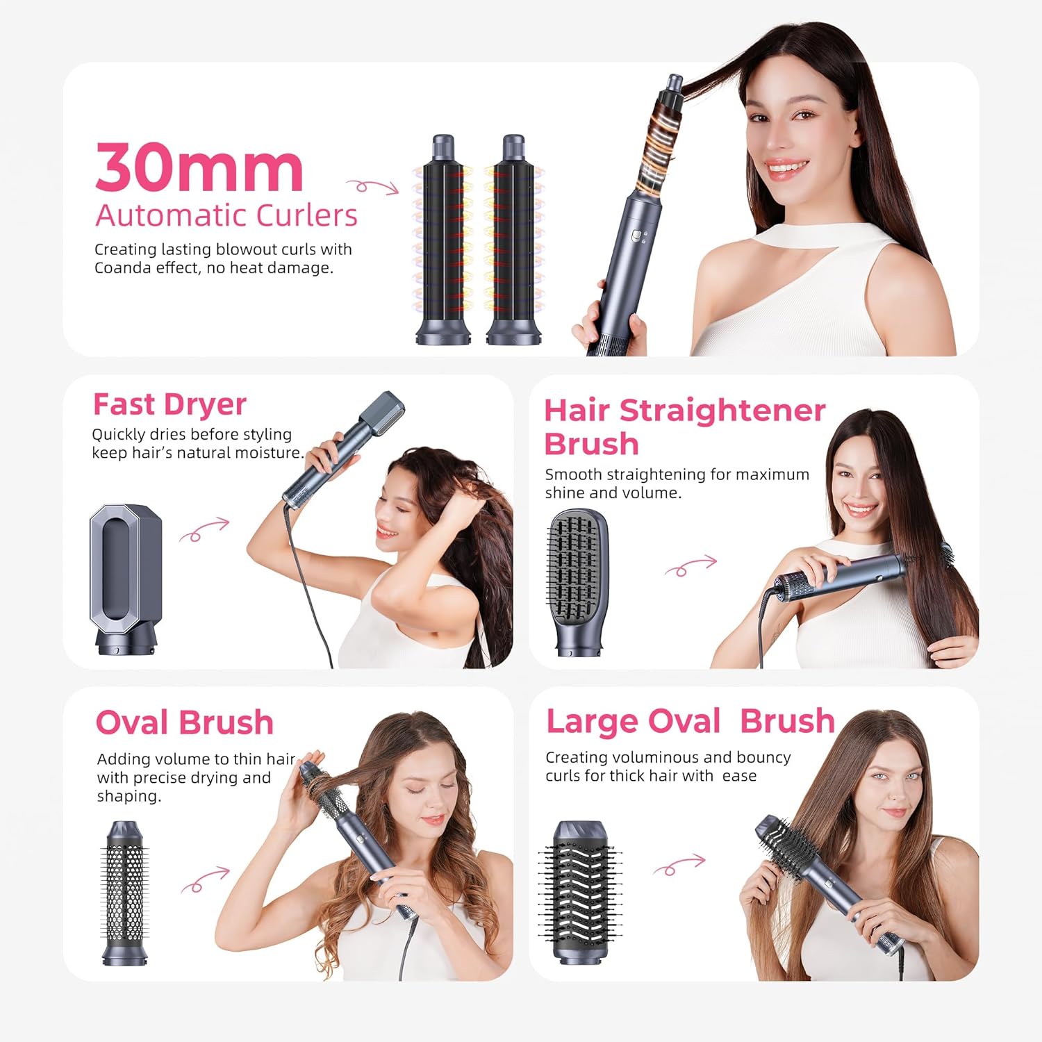 Brosse coiffante 6 en 1, 1000W, sèche-cheveux, air chaud