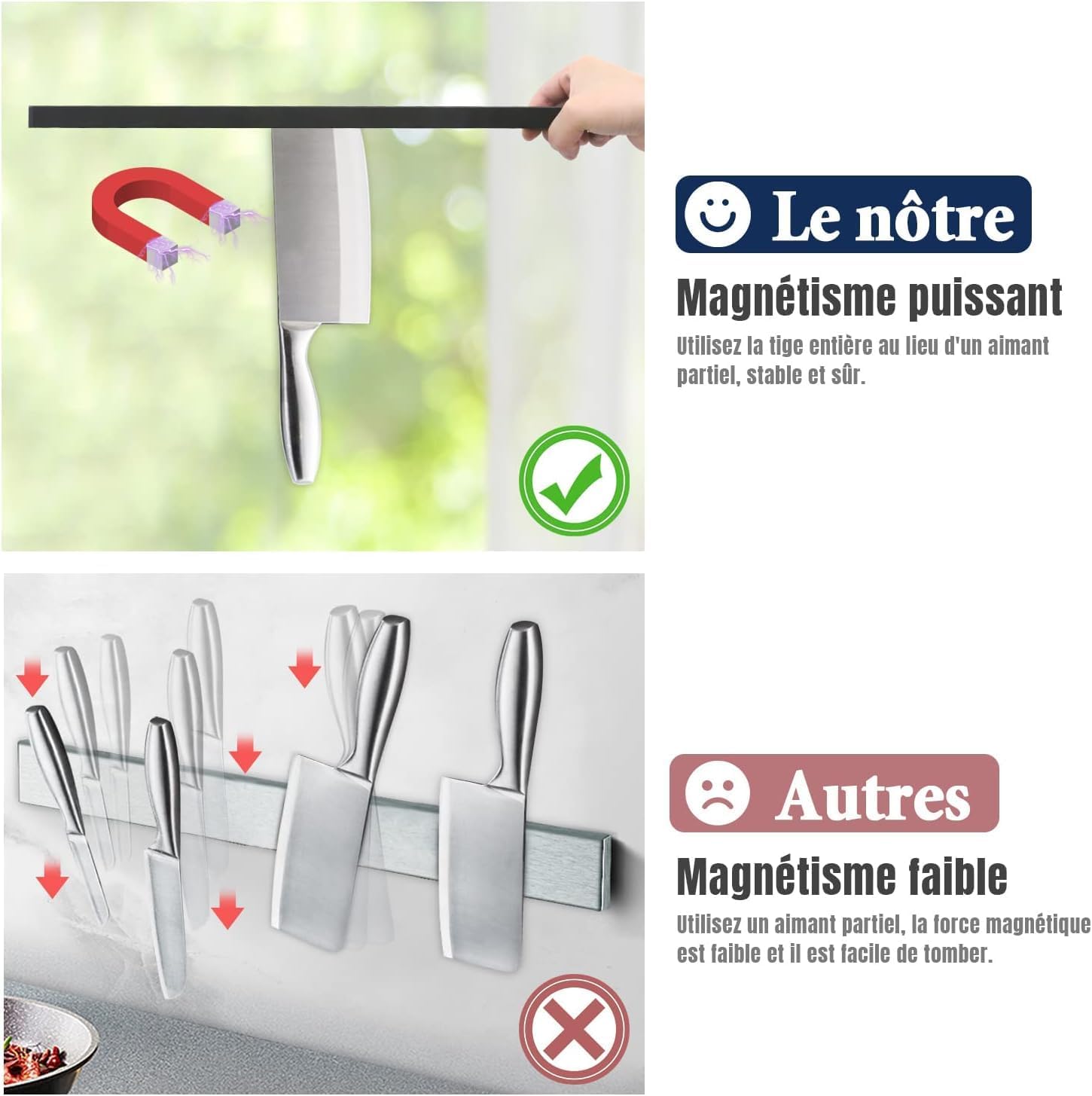 Dmore - Barre Magnétique 50 cm - 4 crochets, fixation sans perçage