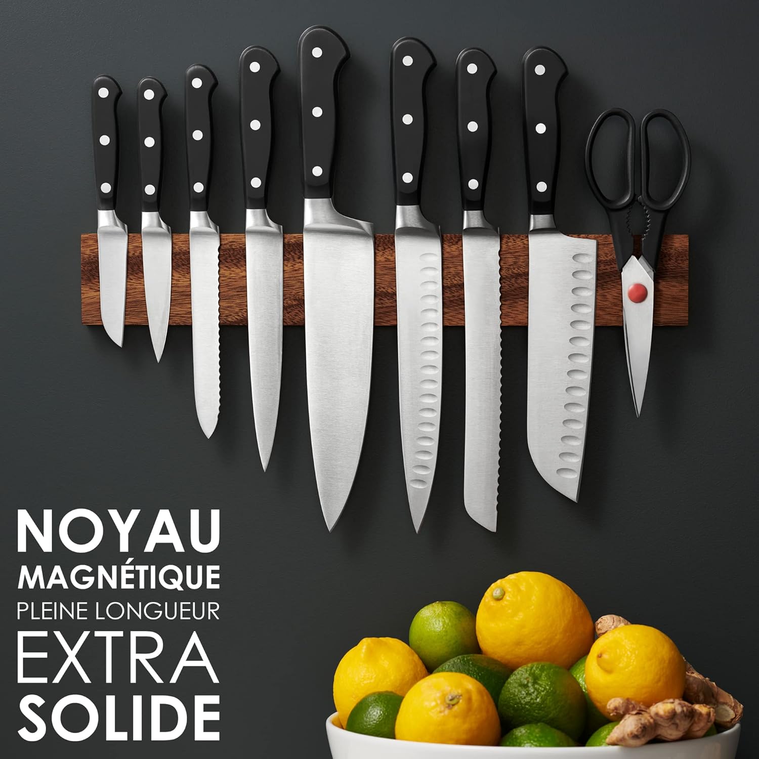 LARHN - Porte-couteaux mural puissant, noyer, 40 cm, aimanté