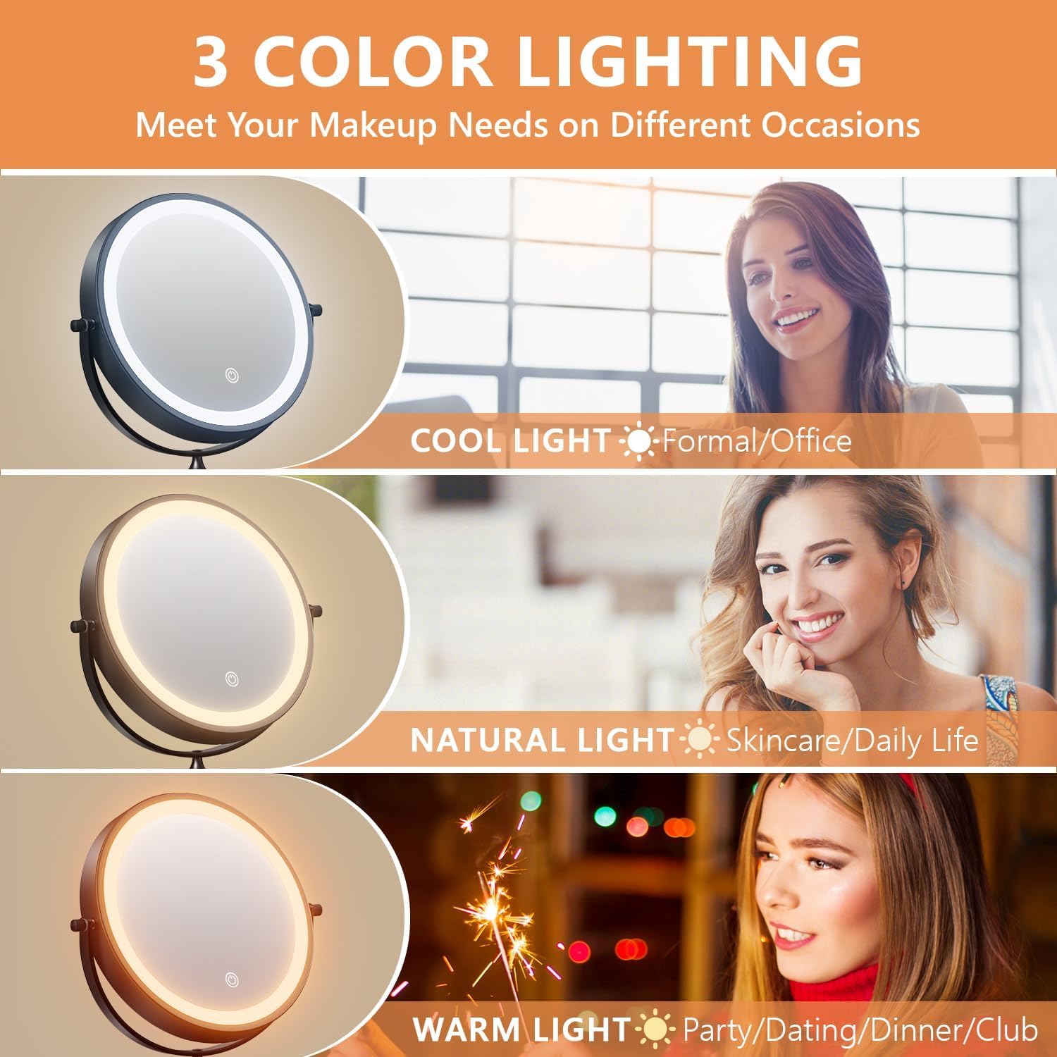 Auxmir - miroir mural maquillage 1x/20x - USB, pivotant, tactile, 3 couleurs
