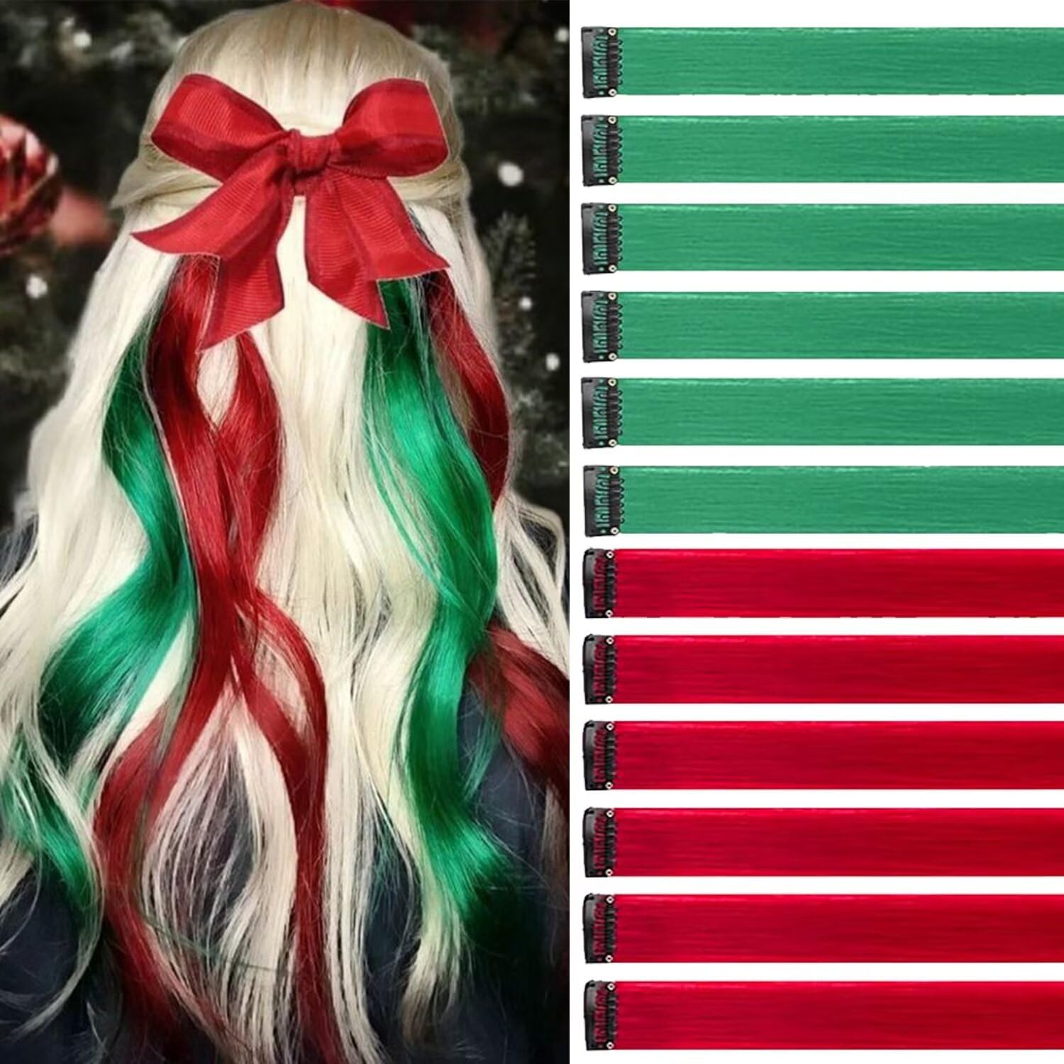 Extension cheveux - 12 pièces, 55cm - mèches rouge/vert herbe à clip, résistantes à la chaleur