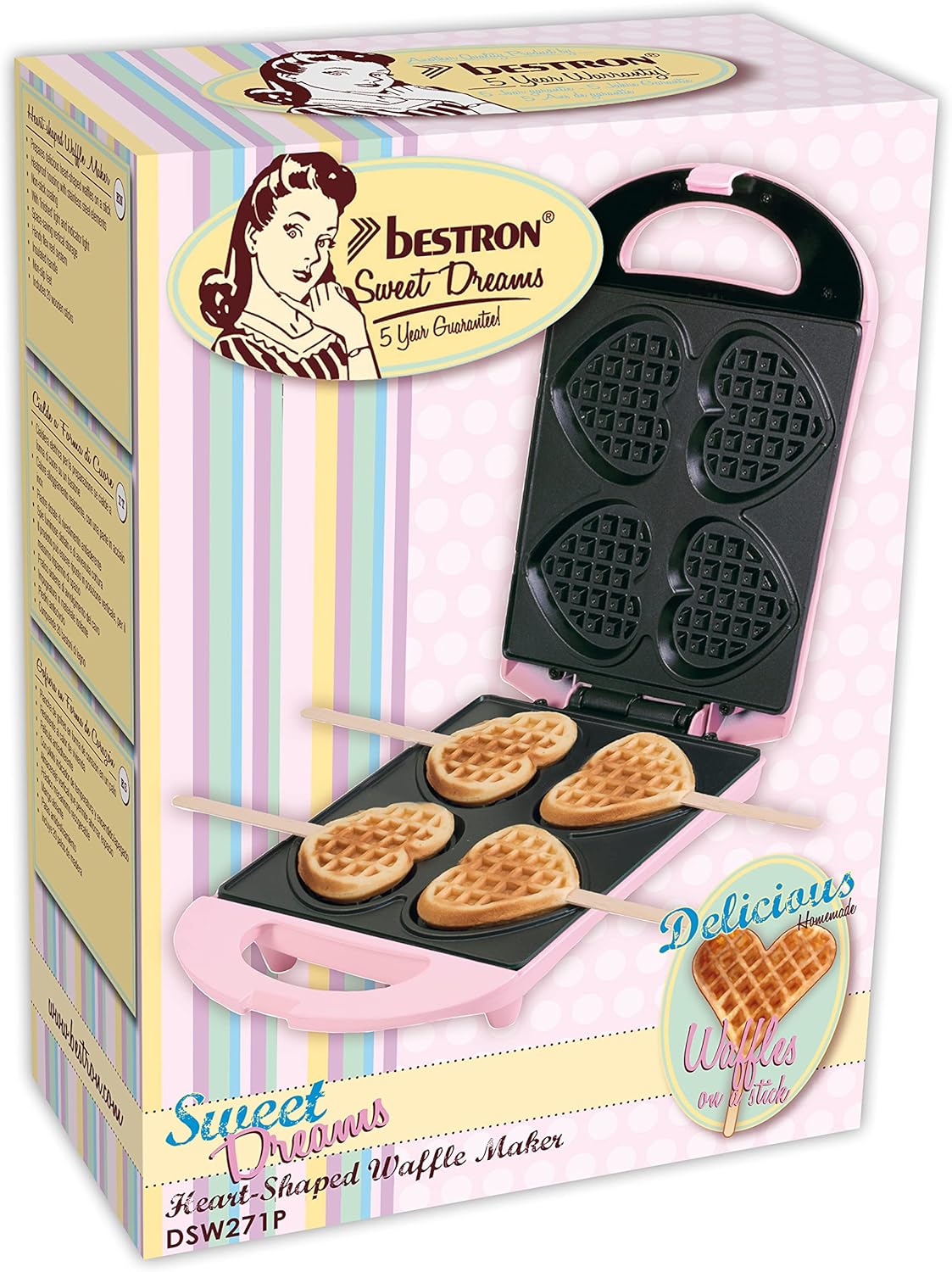 Bestron - Sweet Dreams - compact - gaufres cœur sur bâtonnet, rétro, 780W, rose