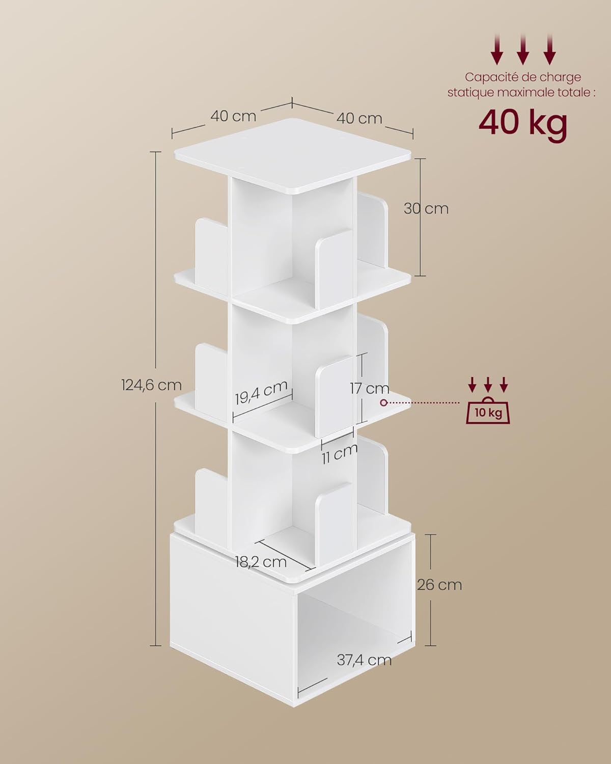 VASAGLE - Custos Collection - 40x40x124,6 cm - bibliothèque rotative 4 niveaux, pivot 360°, blanc nuage LBC471WB01
