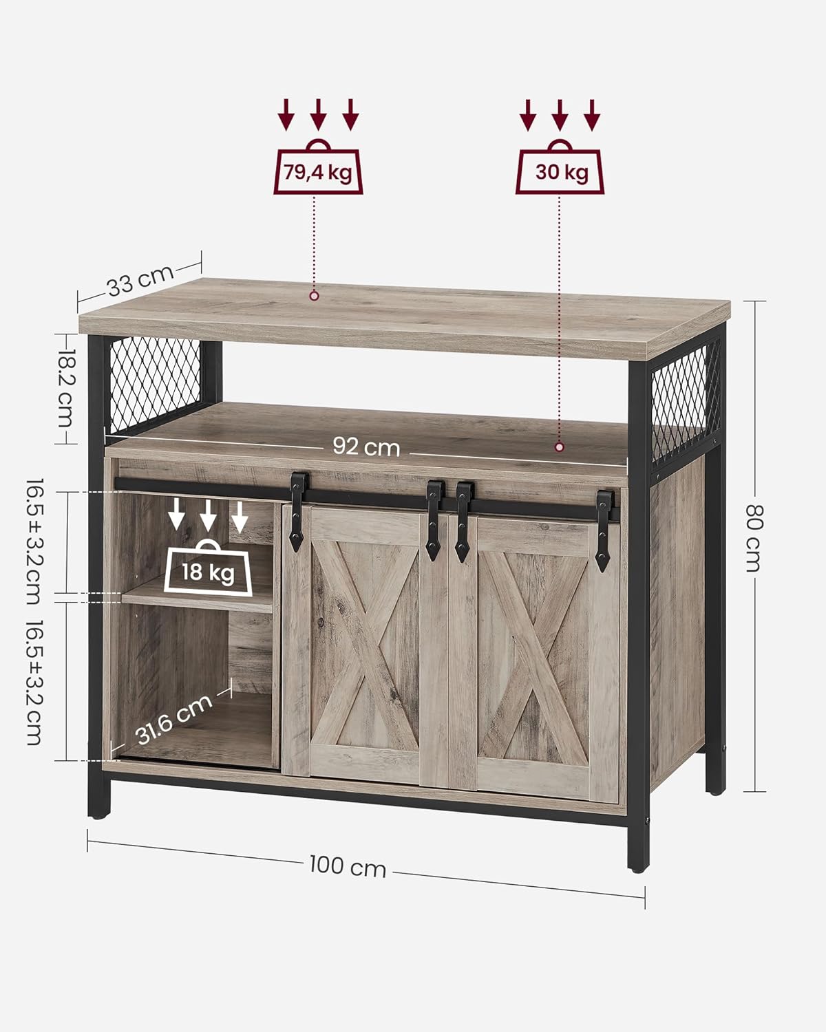 VASAGLE - buffet rangement cuisine - 100x33x80 cm - 2 portes coulissantes, étagères réglables, grège/noir - LSC092B02