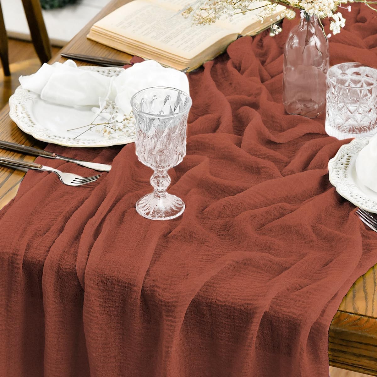 Artoid Mode - Chemin de table Bohême - 300 cm - gaze mousseline, terre cuite