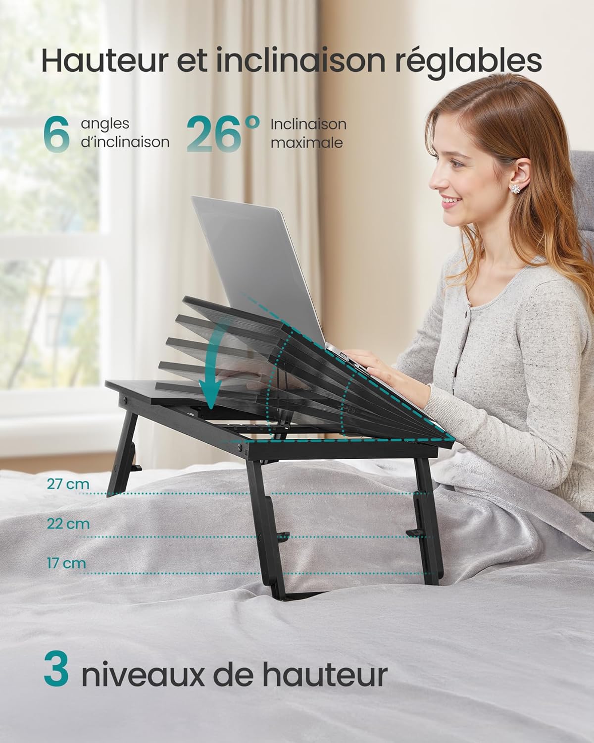 SONGMICS - Table lit/ordinateur, 39,6 cm, réglable, tiroir, bambou