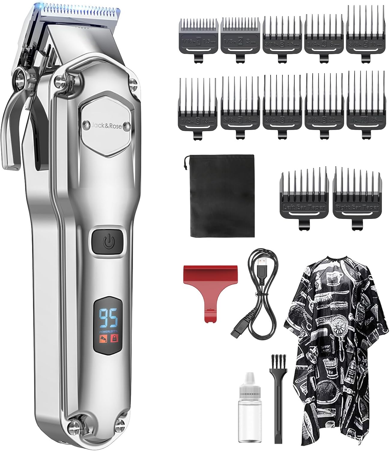 Jack & Rose - tondeuse pro sans fil, étanche IPX7, LED, USB, coupe barbe et cheveux