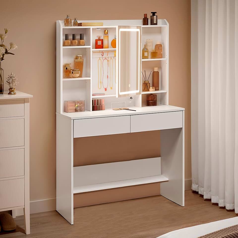 VASAGLE - Kailyn Collection - grande coiffeuse blanche, miroir LED, 2 tiroirs, étagère réglable, RDT123WB01