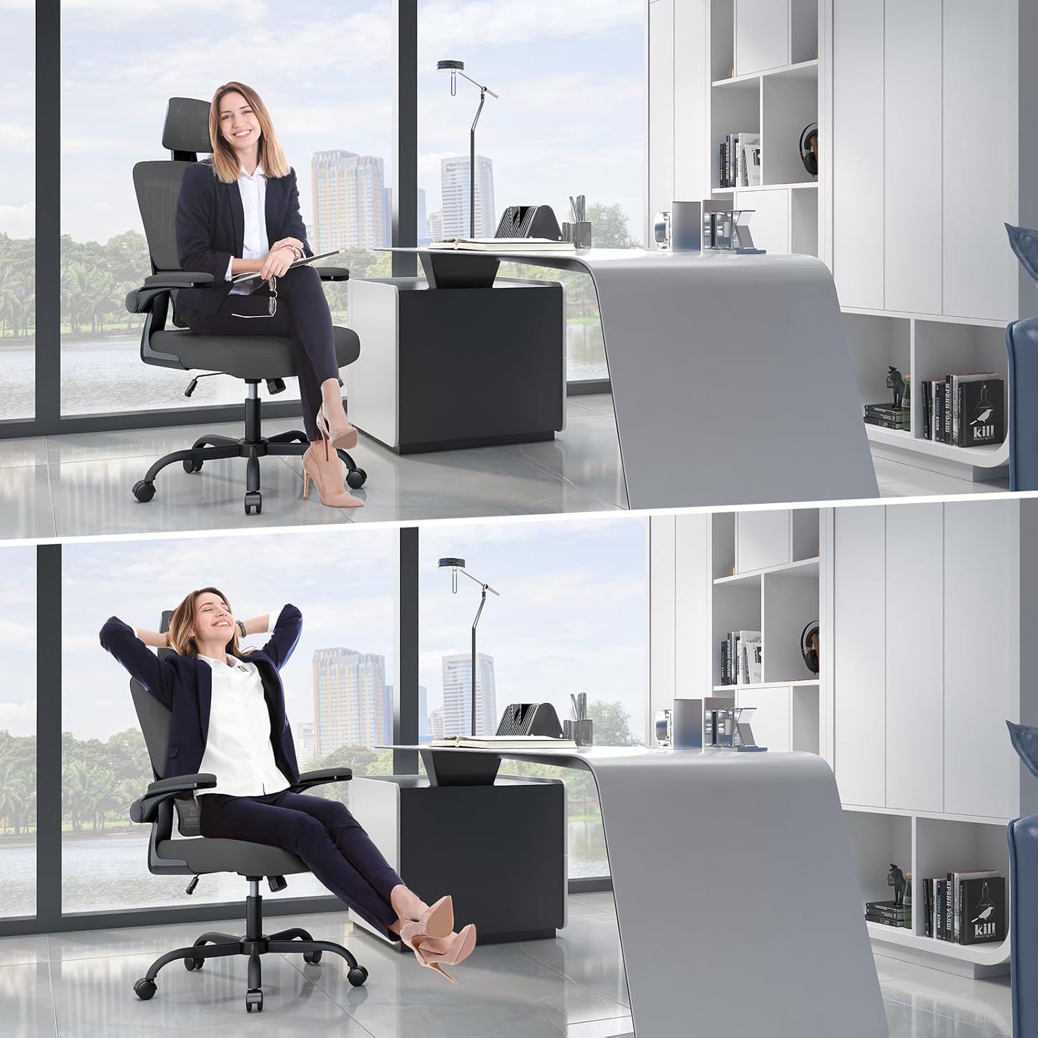 Chaise de bureau ergonomique - support lombaire - dossier et appui-tête réglables, accoudoirs réversibles, assise maille