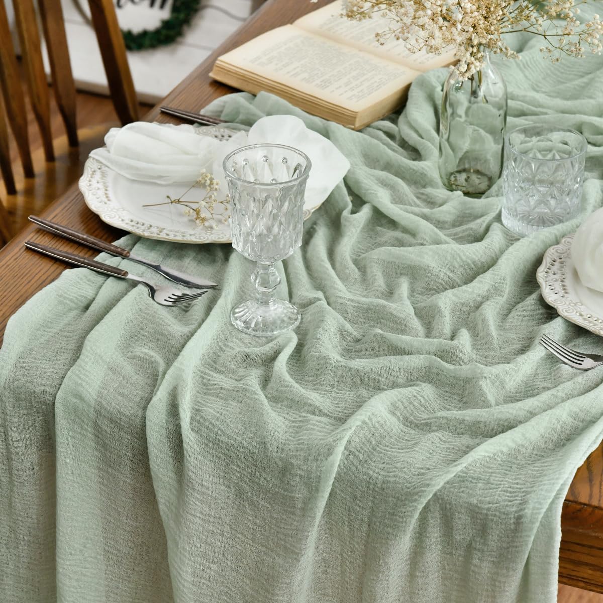 Artoid Mode - Chemin de table bohême - 300 cm - mousseline vert sauge