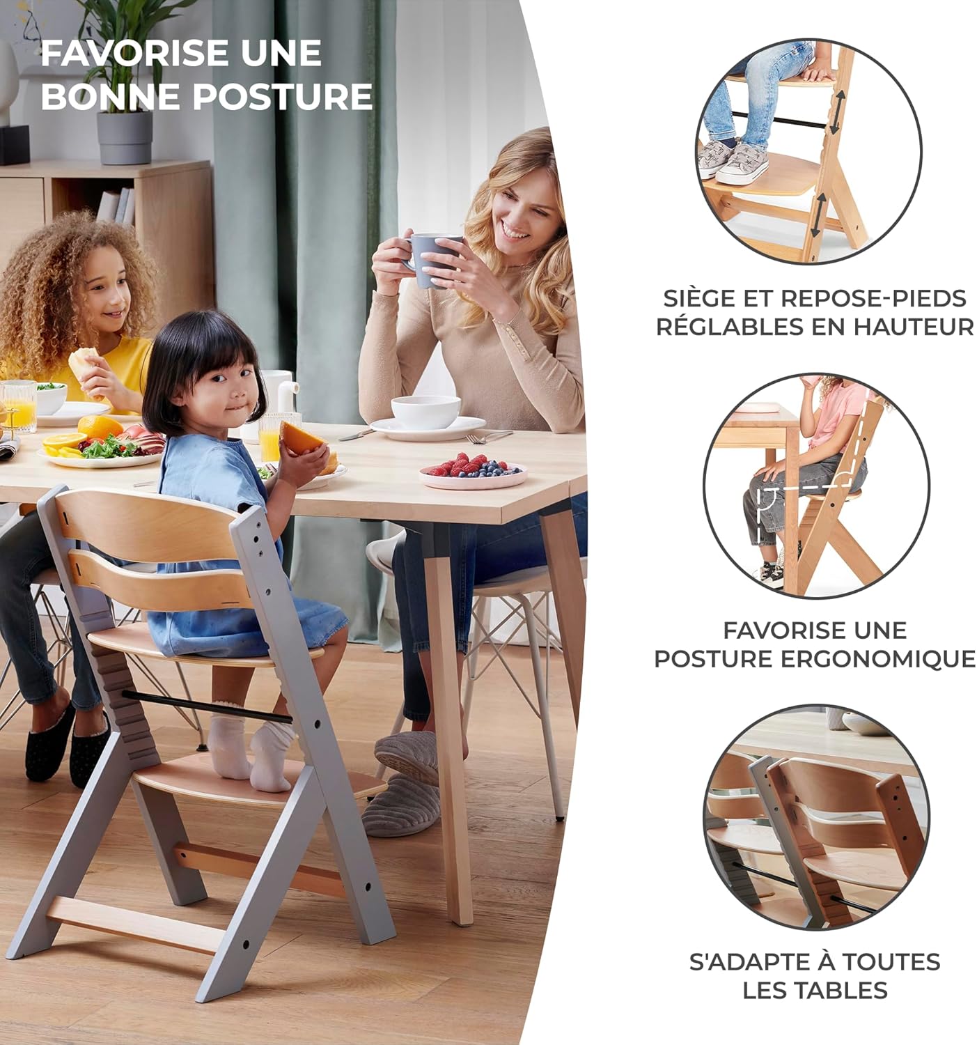 Kinderkraft - ENOCK - chaise évolutive bois, réglable, solide, tout gris
