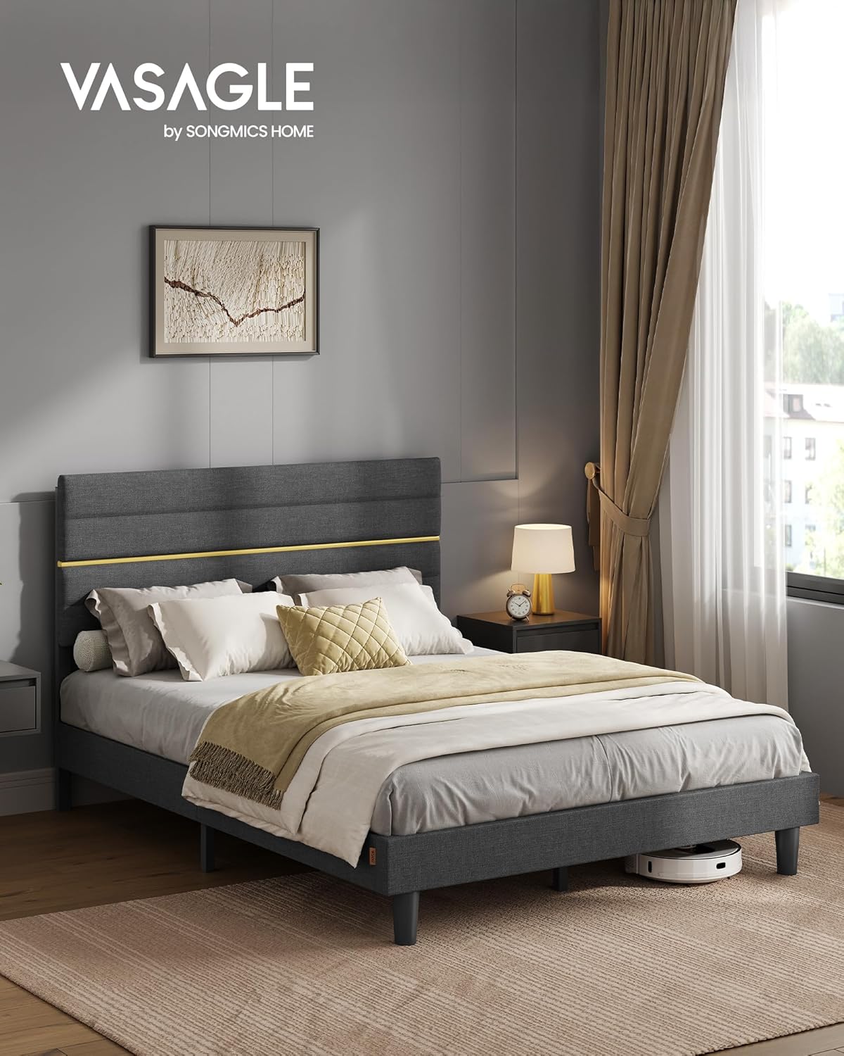 VASAGLE - lit double série RMB503G01 - 140x190 cm - métal, bois massif, tête de lit ajustable, gris ardoise RMB503G01