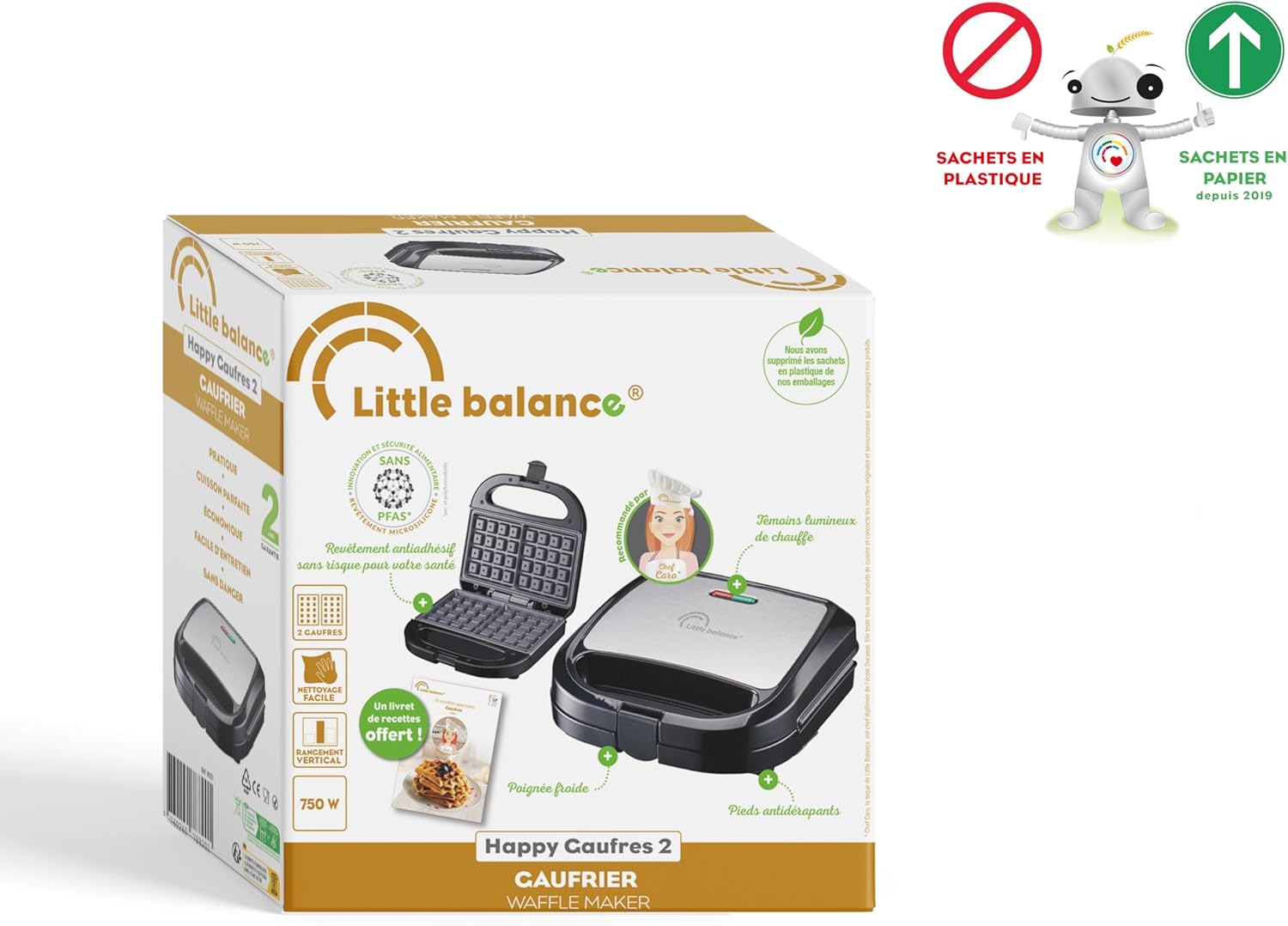 Little Balance - gaufrier électrique, plaques antiadhésives, poignée froide, sans PFAS, 750W, Happy Gaufres 8820