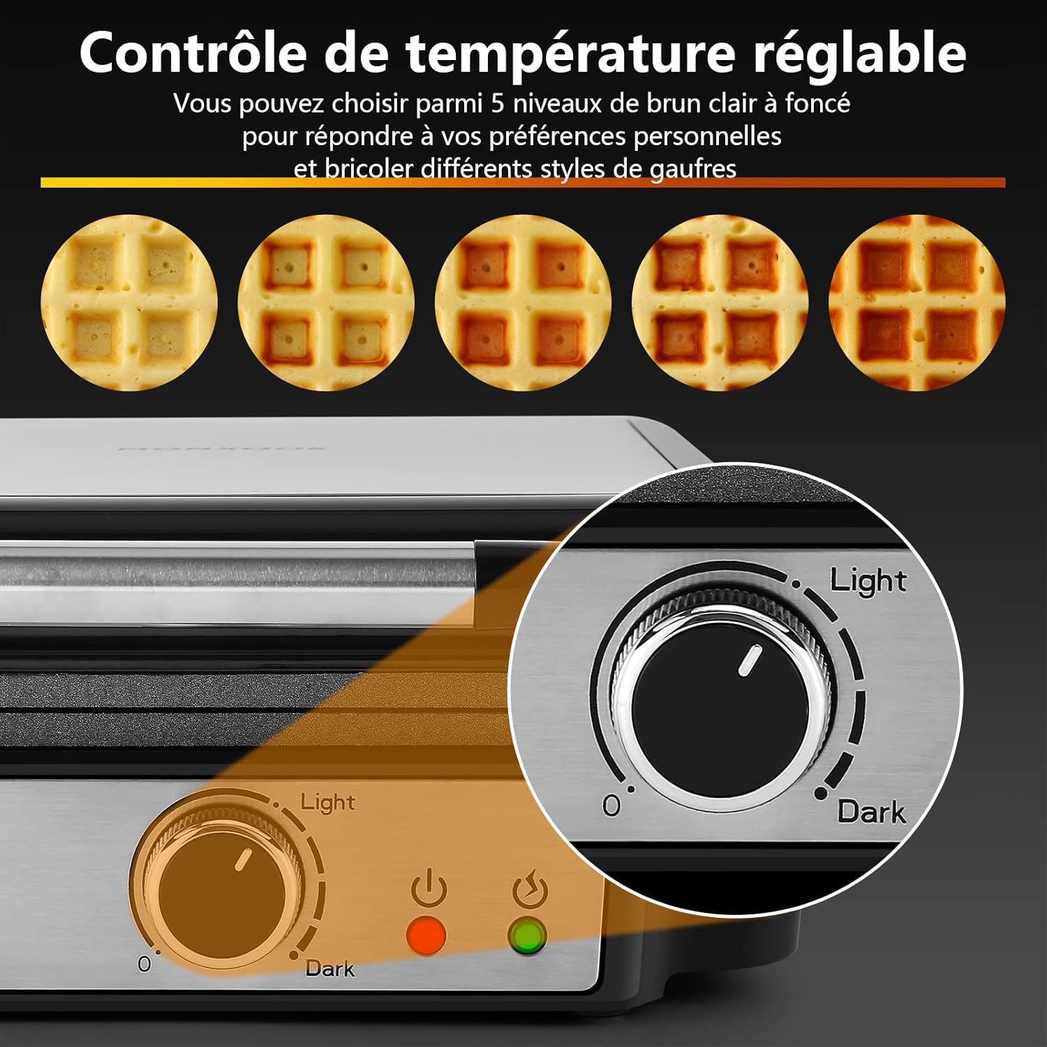 YASHE - Gaufrier 4 tranches - ajustement dorure, 1200W, antiadhésif