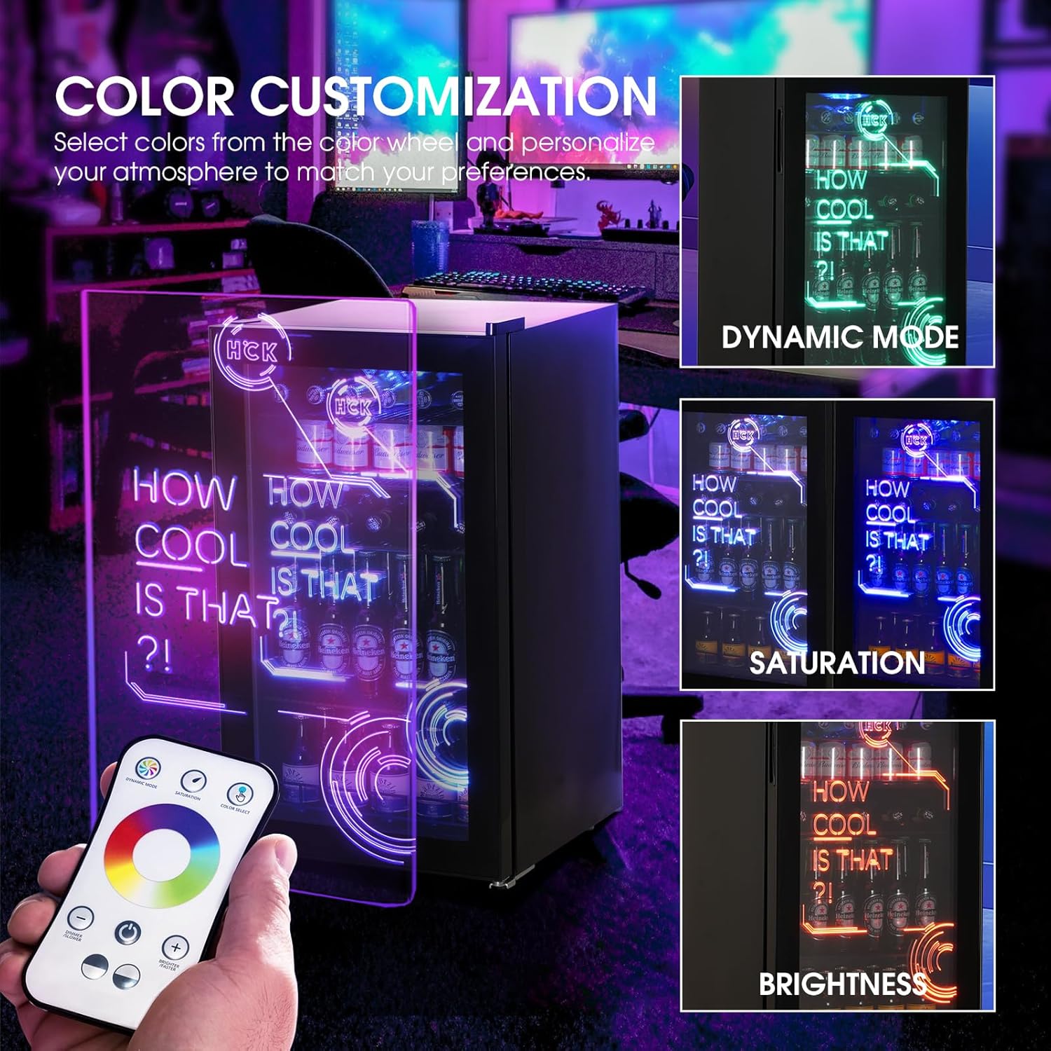 HCK - Mini Frigo 98L, éclairage LED, 0-10°C, silencieux, noir