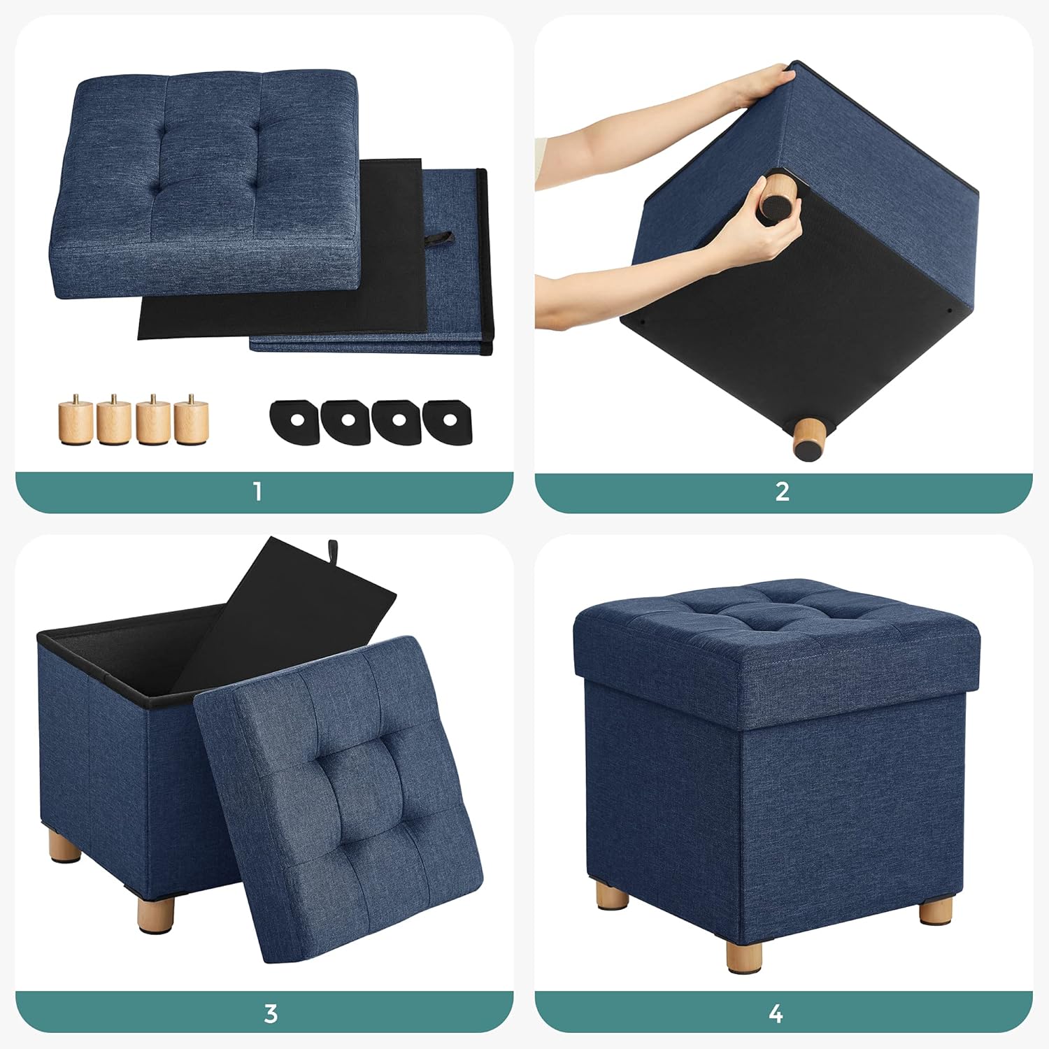 SONGMICS - petit pouf pliable - 38x38x40 cm - rangement robuste, bleu, LSF14IN
