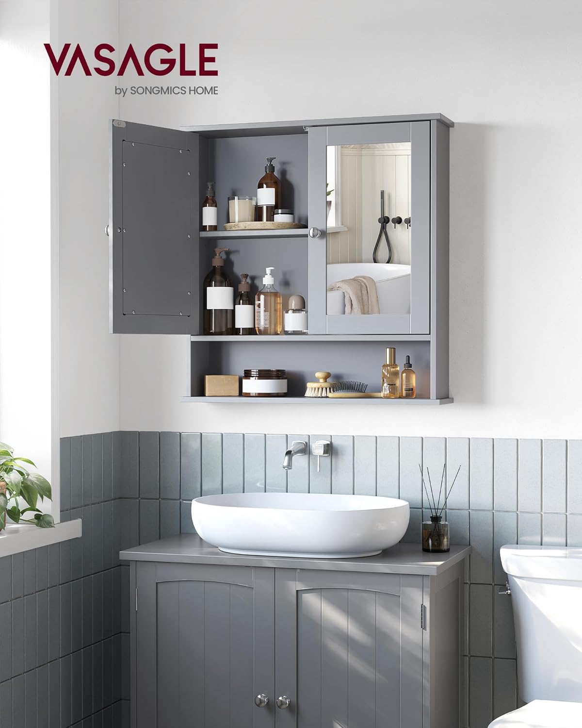 VASAGLE - armoire murale salle de bain, miroir, réglable, 13x56,5x58,5 cm, LHC002G02