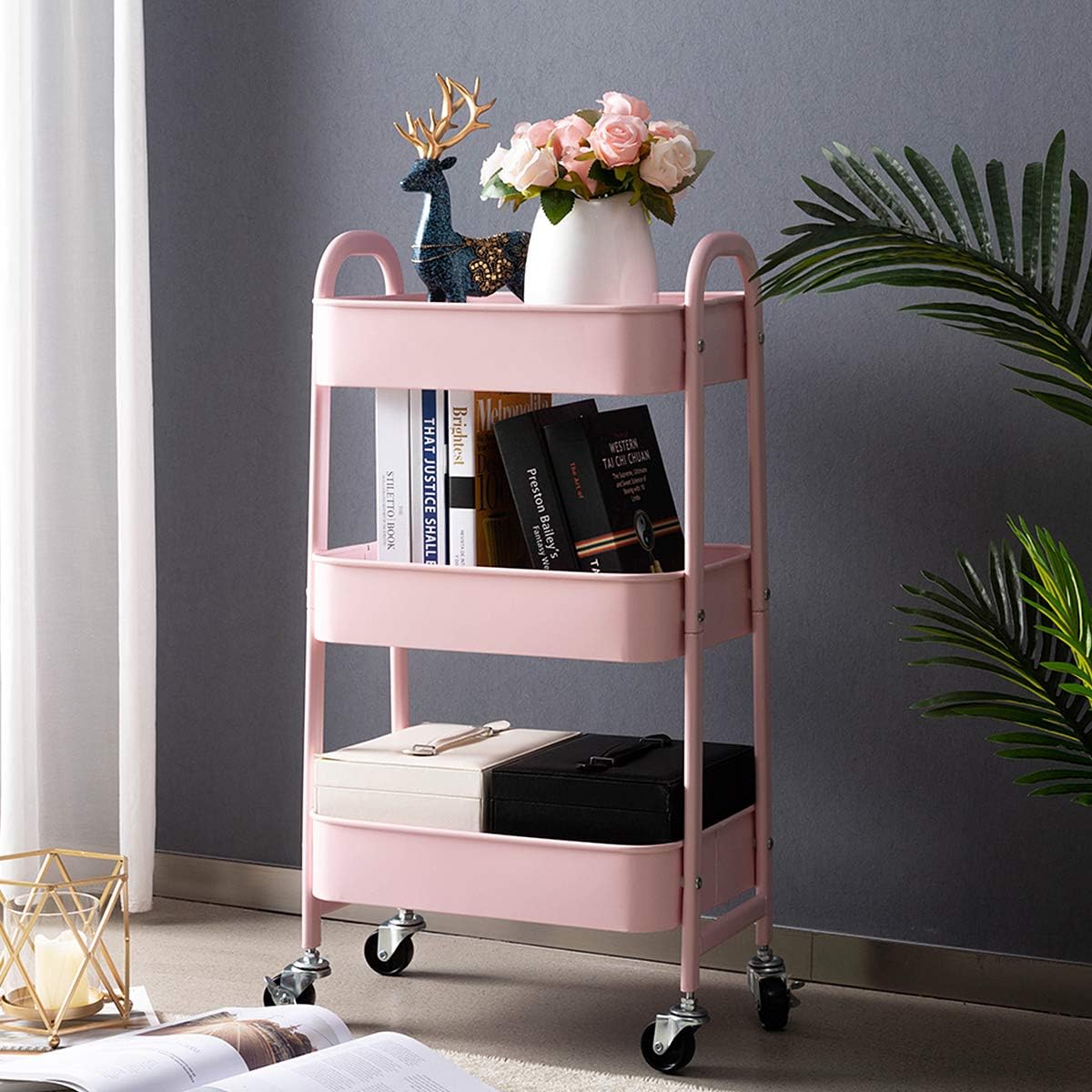 DOEWORKS - chariot 3 niveaux métal, roulettes, rose, rangement compact