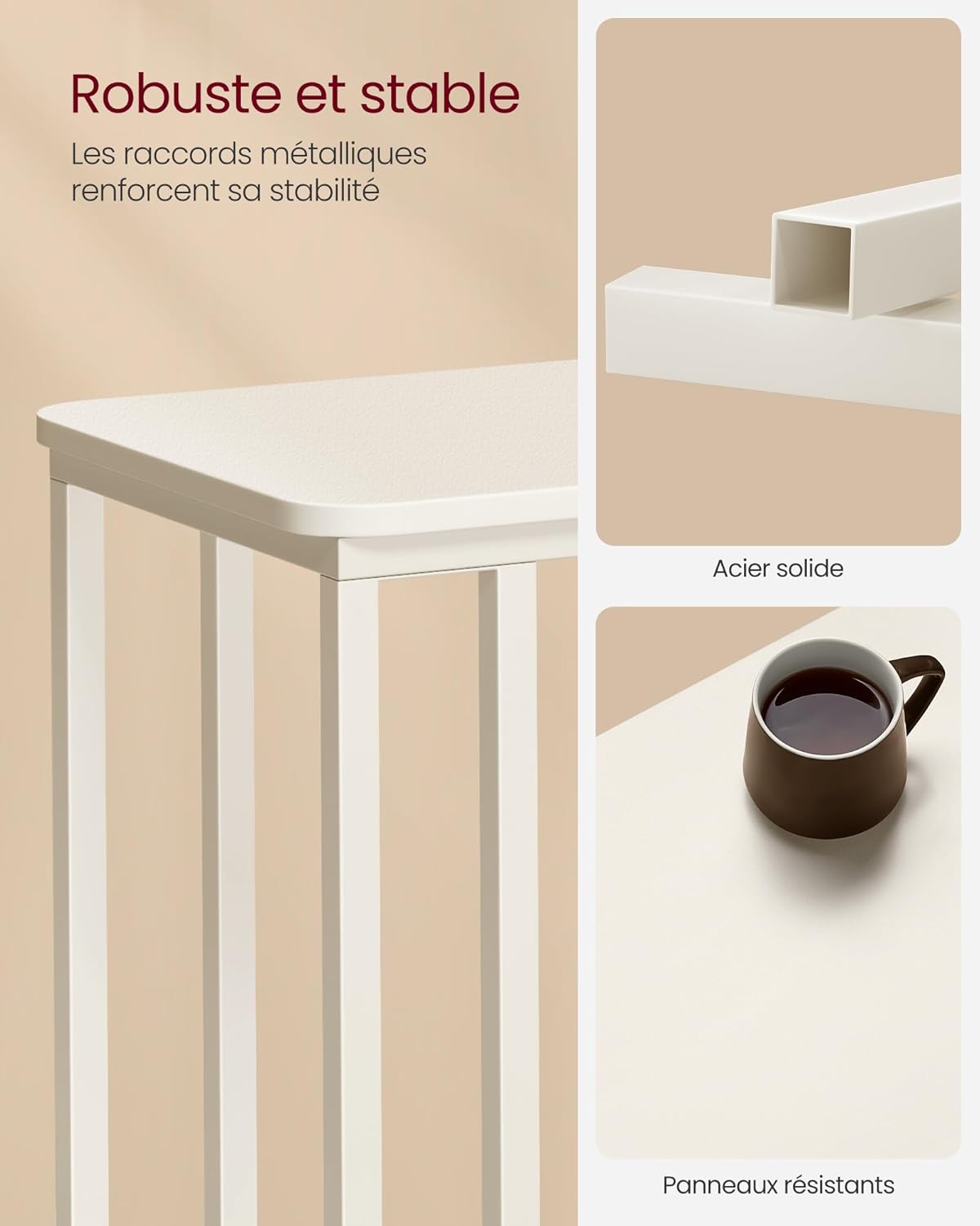 VASAGLE - Table d’appoint moderne, acier, roulettes, montage facile, 50x35x65 cm, LNT050W77