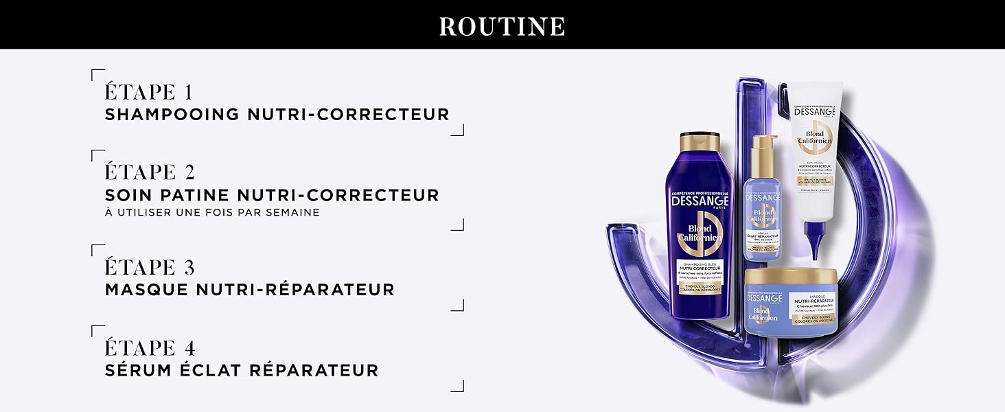 Le texte indique « ROUTINE ». Plusieurs images de produits montrant des flacons de soins de la peau ou de cosmétiques avec un emballage violet et blanc affichés à différentes étapes ou étapes.