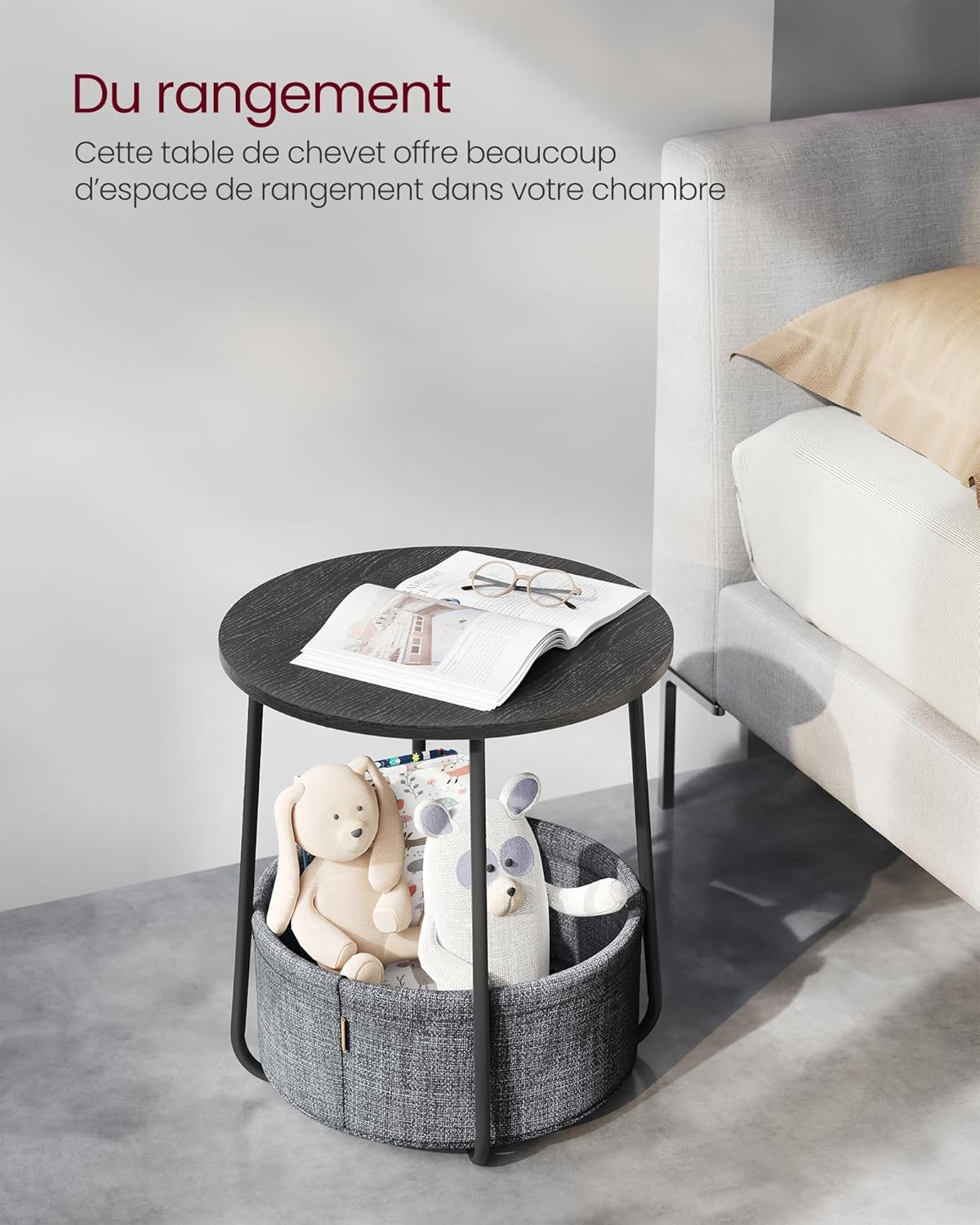 VASAGLE - table basse ronde compacte - rangement tissu intégré - LET223B01