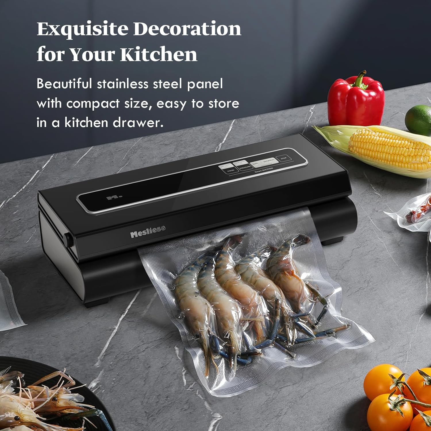 Mesliese - Machine Sous Vide 6-en-1, compacte, 90Kpa, gris, 2 rouleaux, 5 sacs