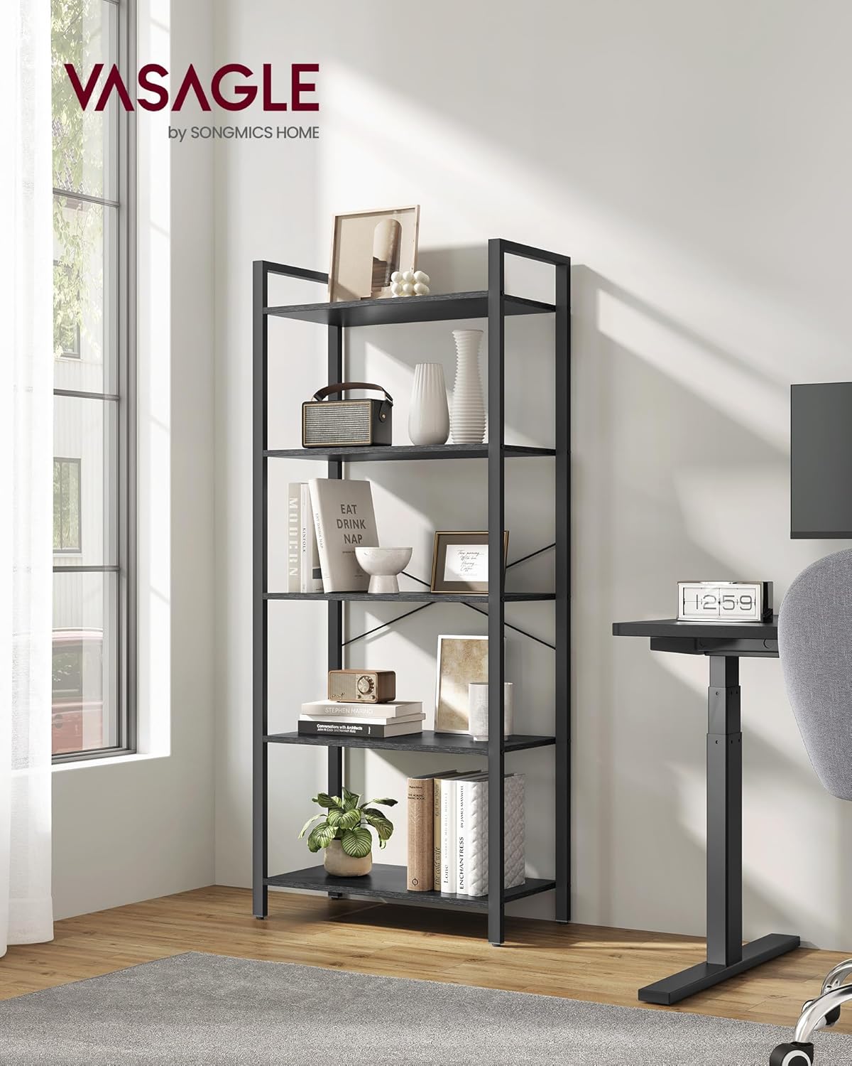 VASAGLE - étagère industrielle 5 niveaux - 30x66x153 cm - bois noir et rangement - LLS061B56