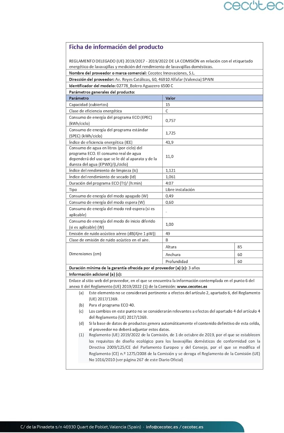 Cecotec -  - 60cm - 15 couverts, 6 programmes