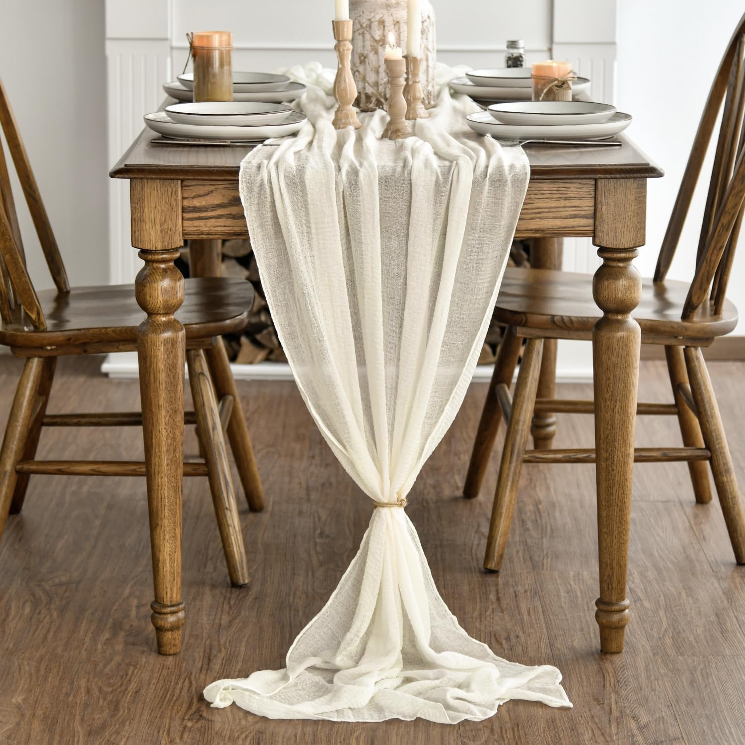 Artoid Mode – Lot de 2 chemins de table – 300 cm – gaze mousseline beige, décoration bohême