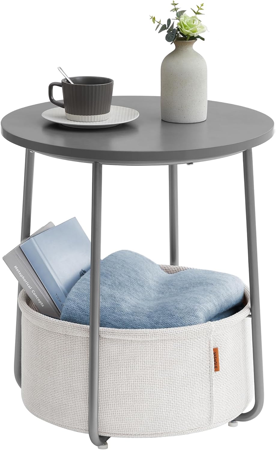 VASAGLE - Table basse ronde, avec panier tissu, gris/blanc, LET223G49