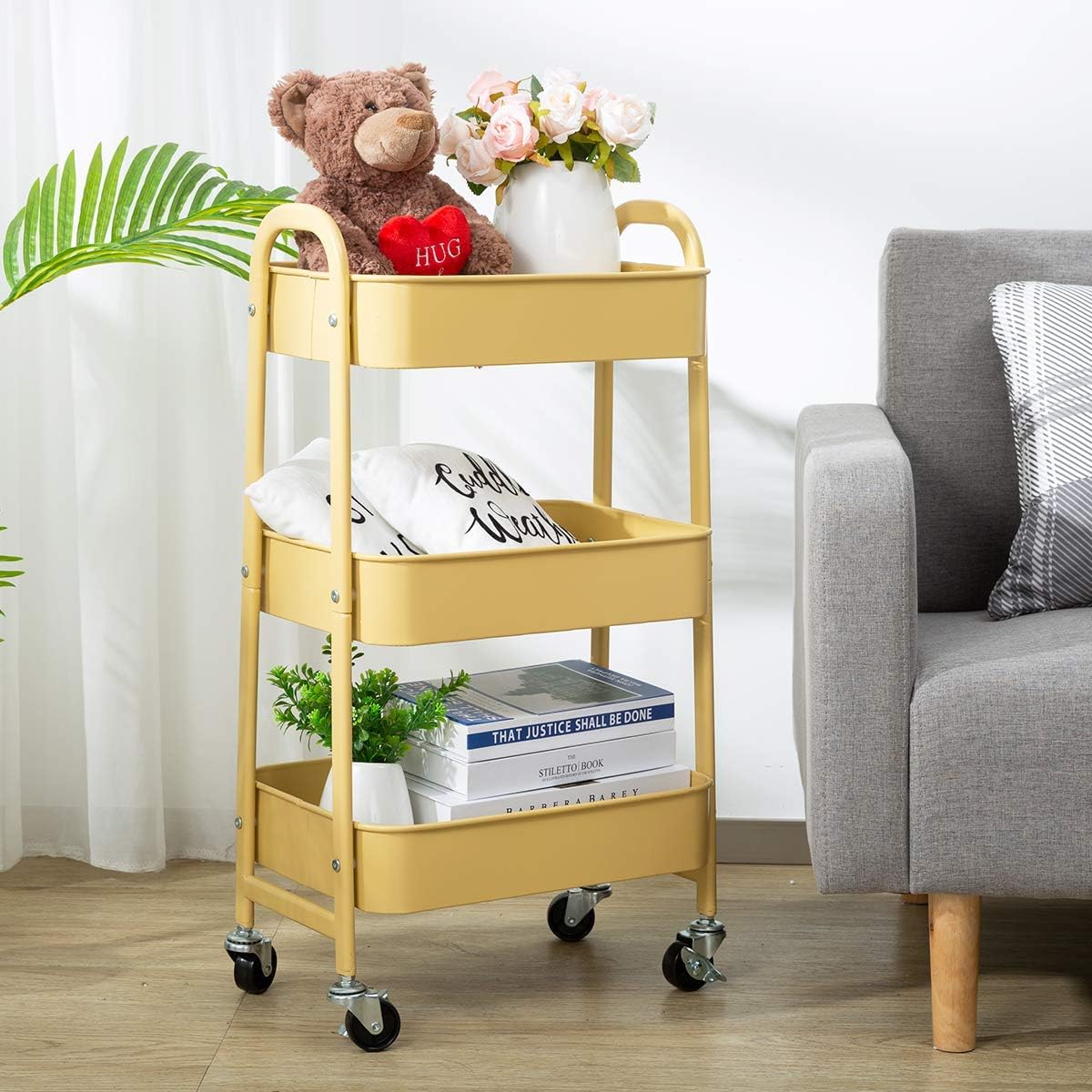 DOEWORKS - Chariot à roulettes 3 niveaux, métal, rangement cuisine, beige, compact