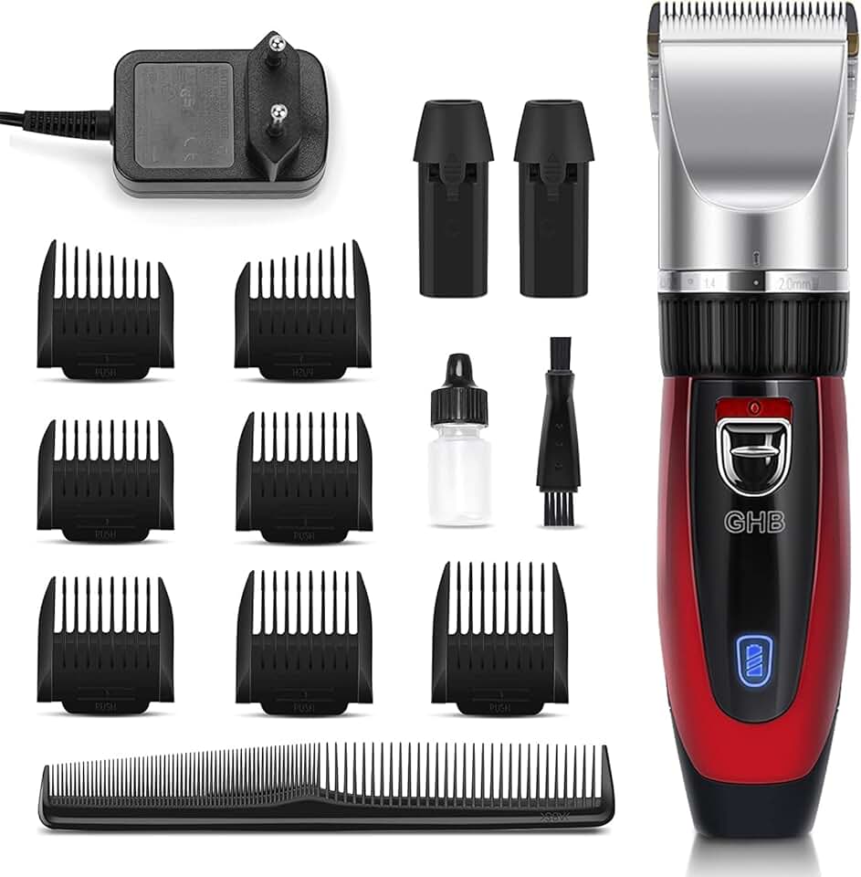 GHB - Tondeuse cheveux pro sans fil, 7 peignes, 2 batteries lithium