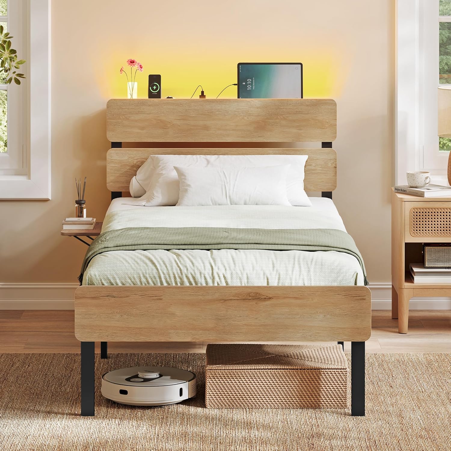 VASAGLE - lit 1 personne - 90x190 cm - LED, USB/Type-C, rangement, style industriel, RMB101K01