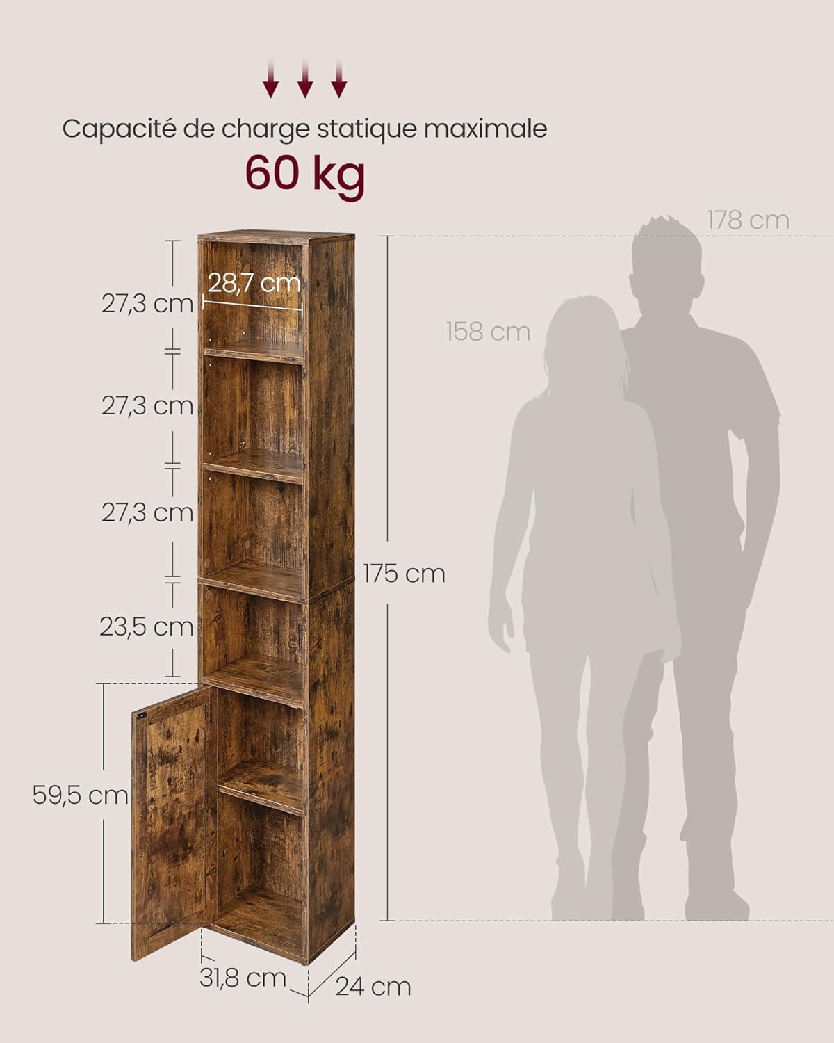 VASAGLE - Custos Collection - 24x31.8x175 cm - étagère haute 6 niveaux, porte, rangement ouvert LBC401K01