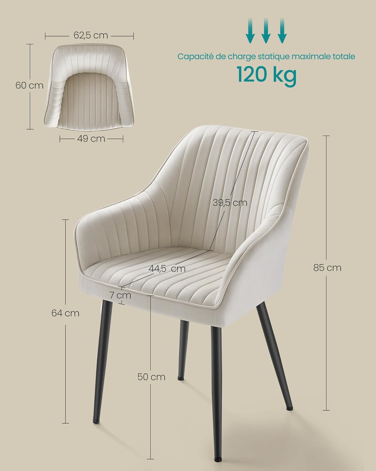 SONGMICS - Chaise salle à manger lot de 2, velours, accoudoirs, pieds métal, 120 kg, beige cappuccino/noir, LDC087W12