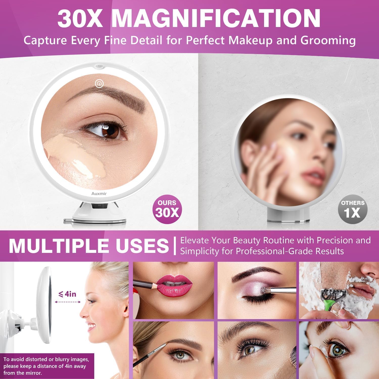 Auxmir - miroir maquillage 30X - Ø non précisé - LED 3 tons, ventouse, rotation 360°