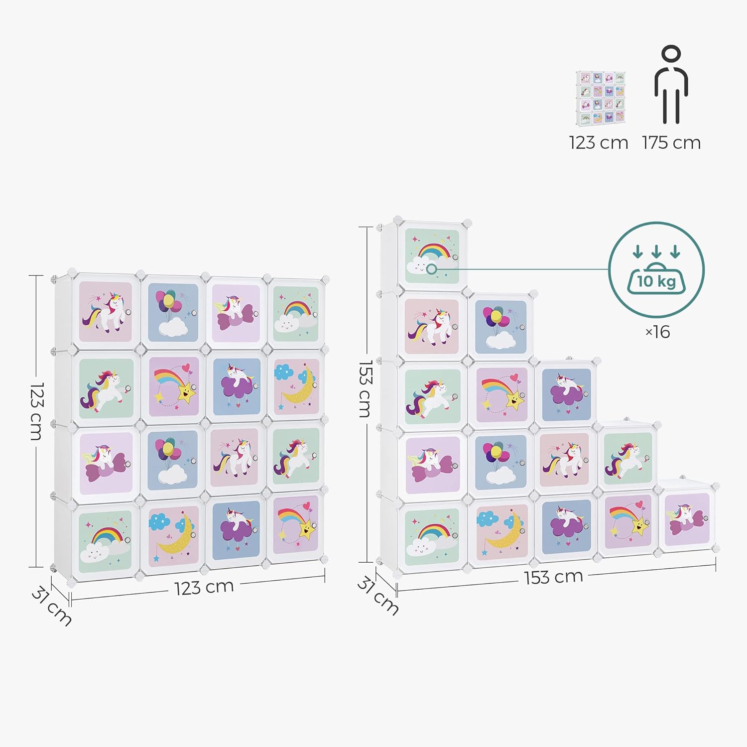 SONGMICS - armoire modulable enfant, 16 cubes, 123x31x123cm, portes, LPC906W01