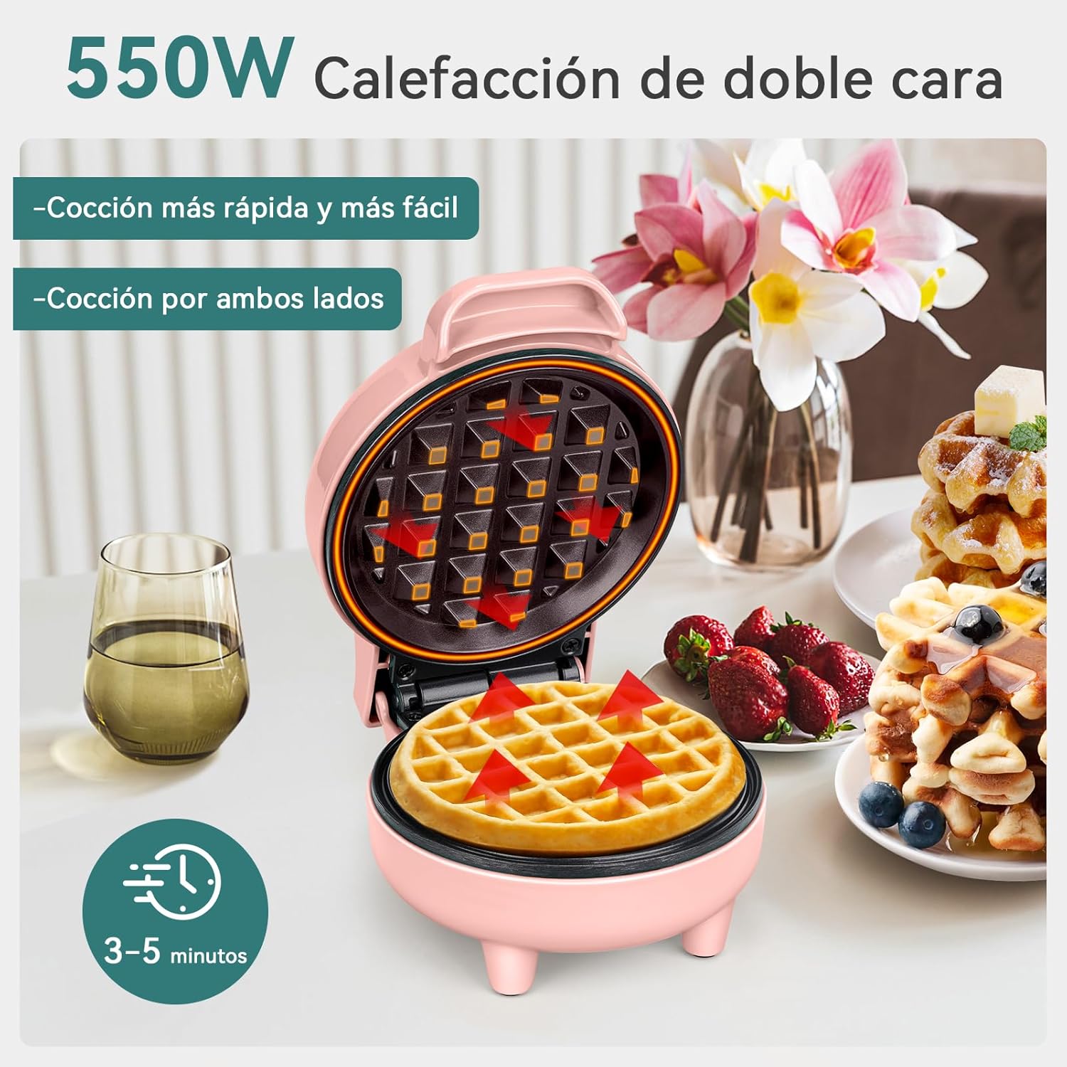 SNAILAR - mini gaufrier compact 550W - design rose, pour enfants