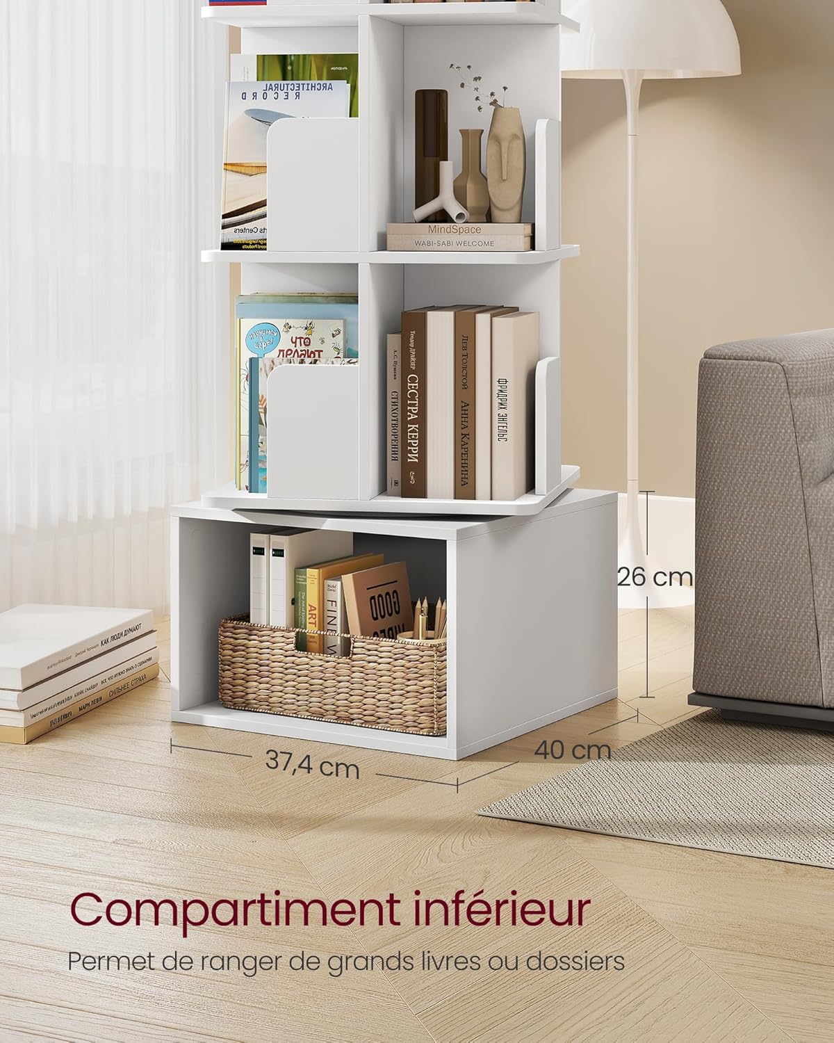 VASAGLE - Custos Collection - 40x40x155,8 cm - bibliothèque pivotante 5 niveaux, rotation 360°, blanc LBC472WB01