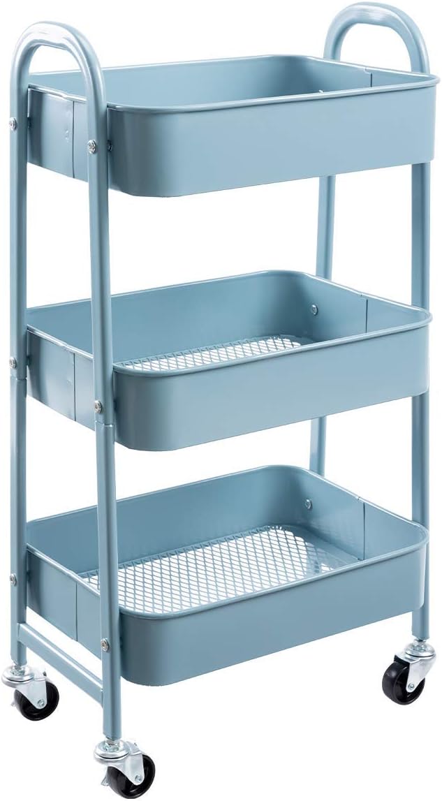 DOEWORKS - chariot métal 3 niveaux gris-bleu, roulettes, rangement mobile