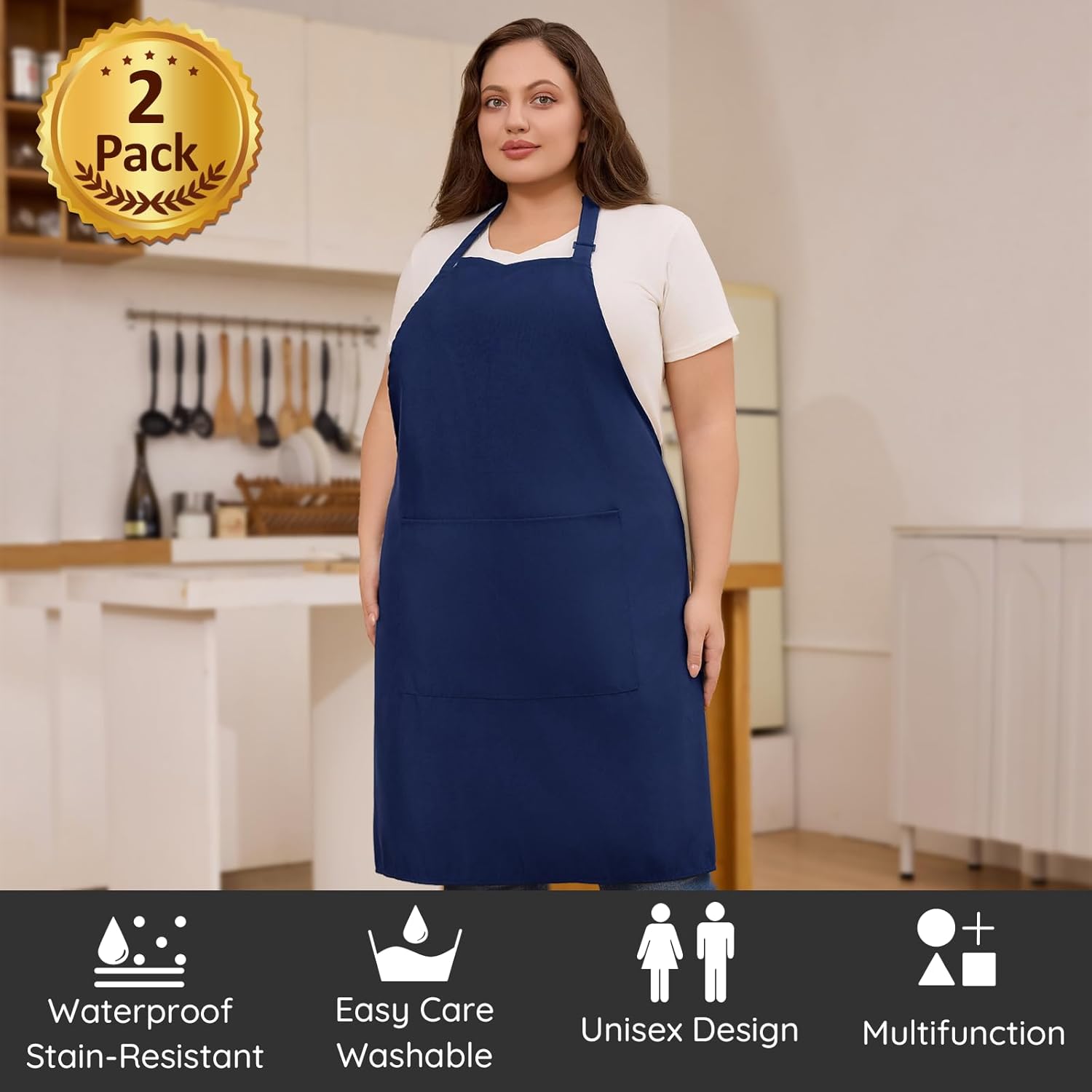 Tablier de chef - 2 poches, grande taille, unisexe, lot de 2 pièces
