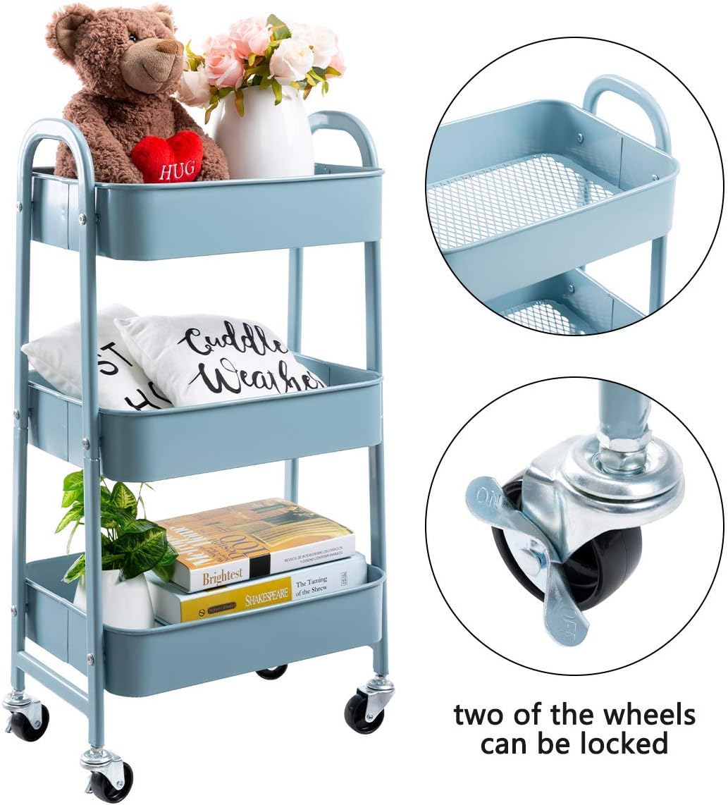 DOEWORKS - chariot métal 3 niveaux gris-bleu, roulettes, rangement mobile