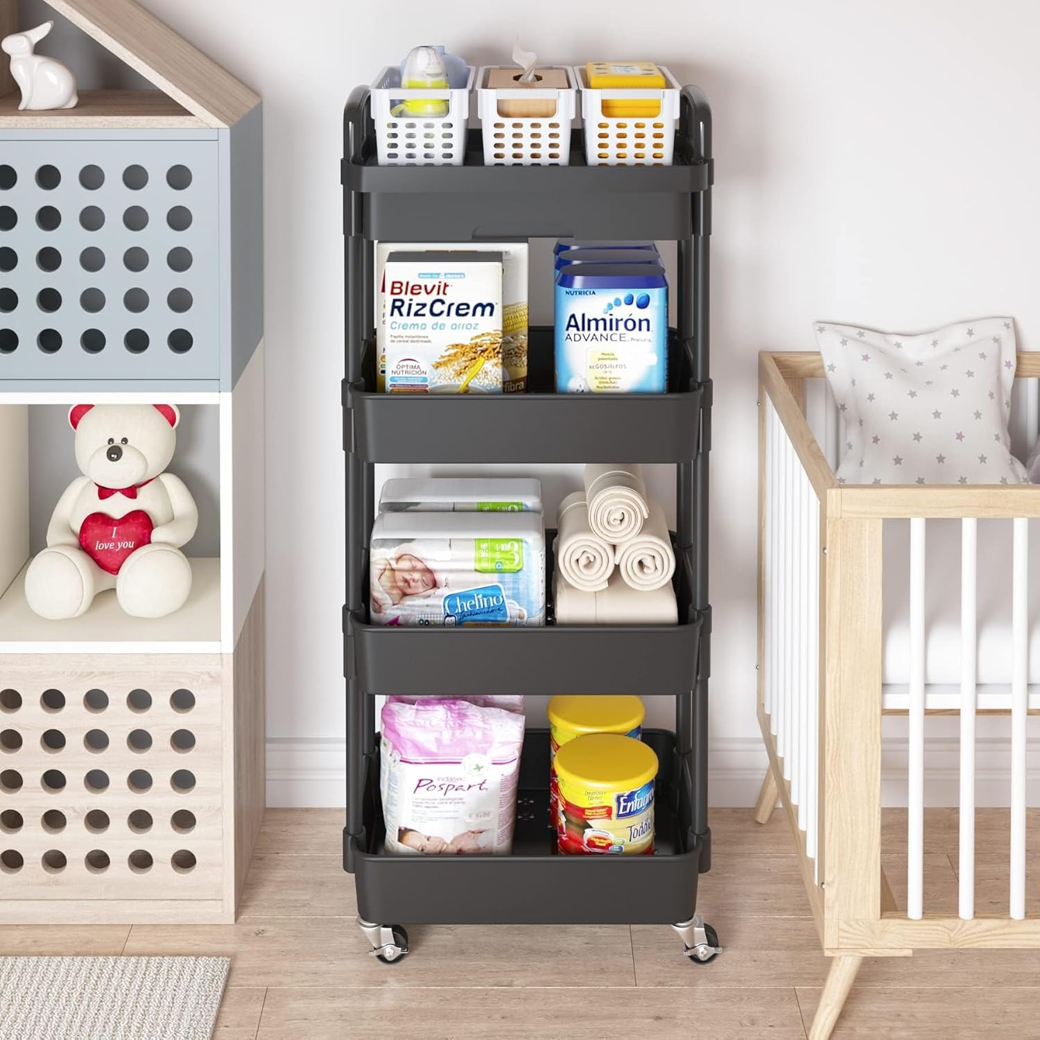 Chariot de rangement - 4 niveaux - plastique, roulettes, tiroir, compact