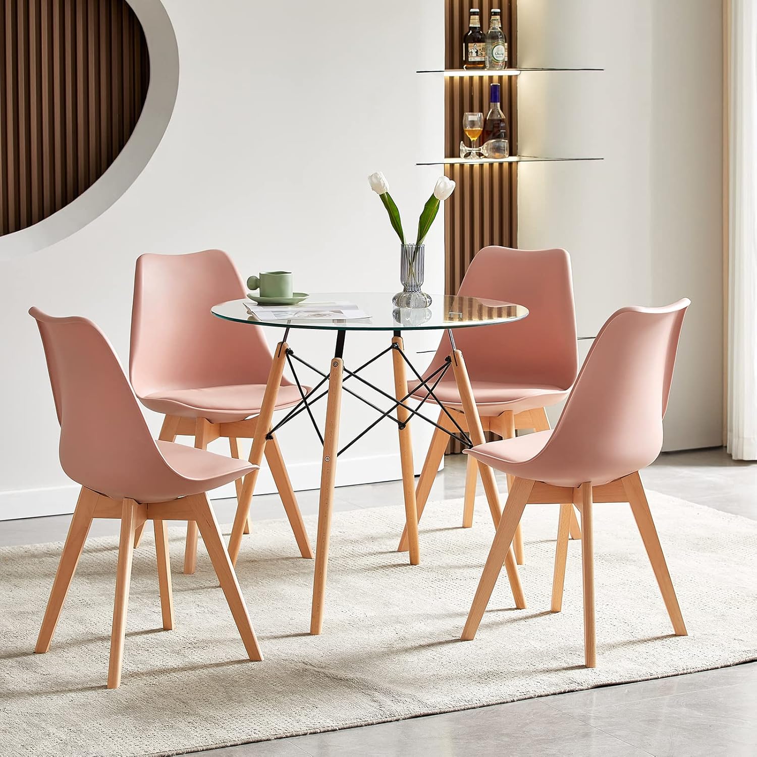 EGGREE - Lot de 8 chaises scandinaves 42x46x82 cm, bois et tissu, pieds hêtre massif, Rose Fumé, SGS Tested
