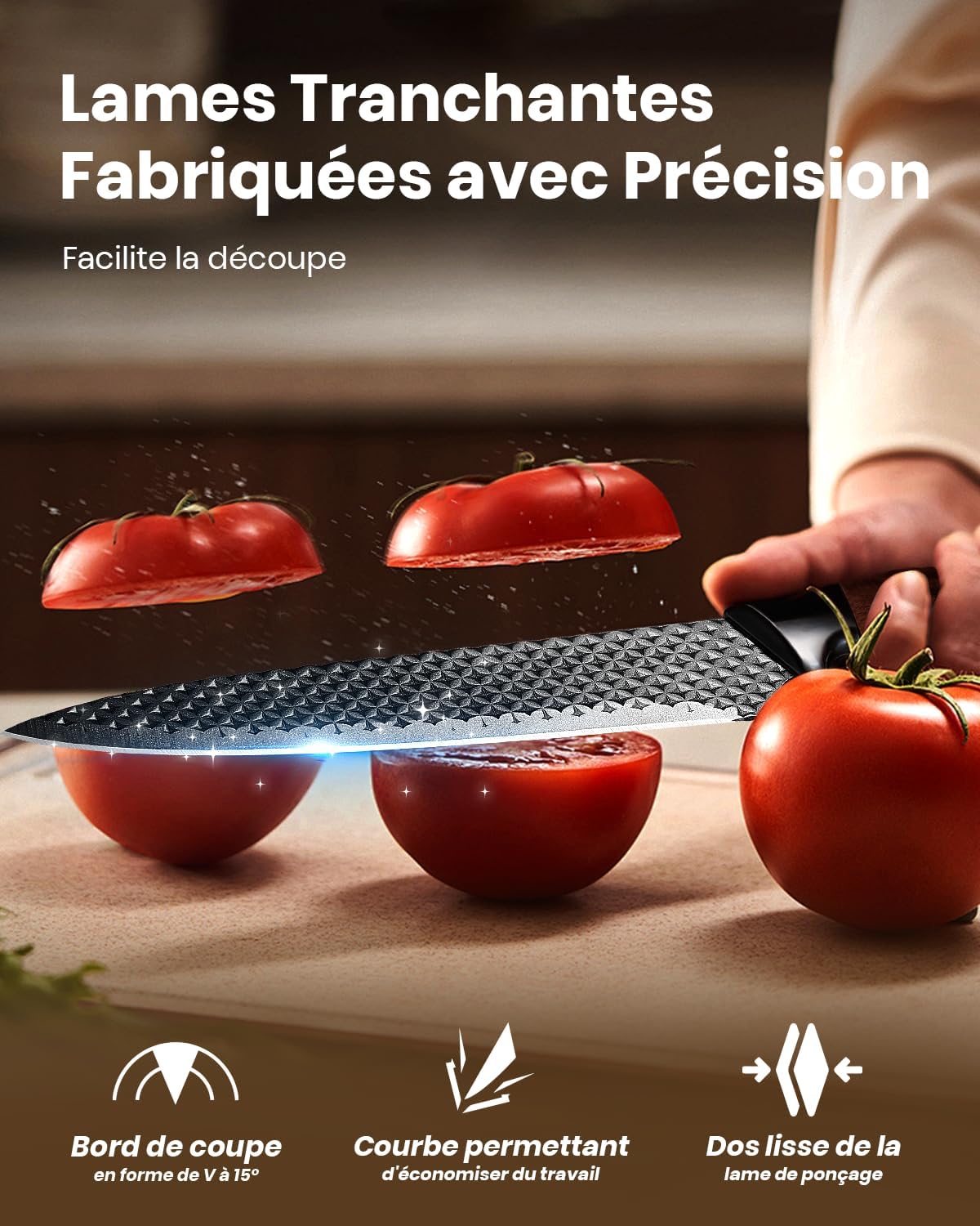 Set couteaux cuisine - 7 pièces, inox, manches ergonomiques, avec bloc