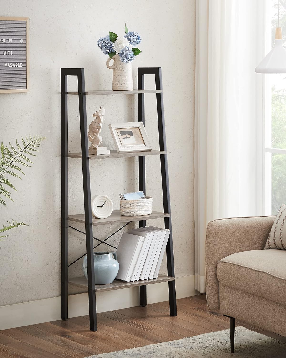VASAGLE - étagère échelle bois/acier, 34x56x137,5 cm, gris/noir