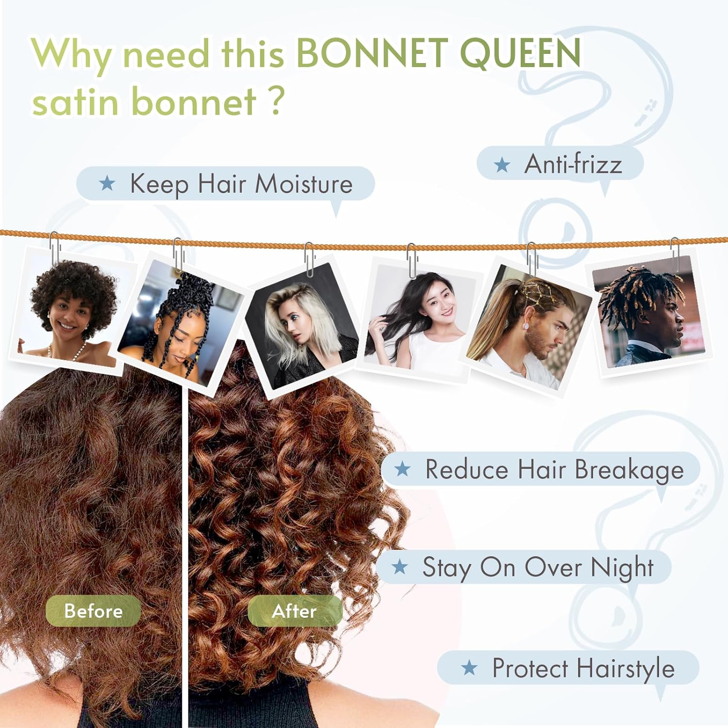 BONNET QUEEN - bonnet satin moyen - ajustable, cheveux bouclés, bleu clair