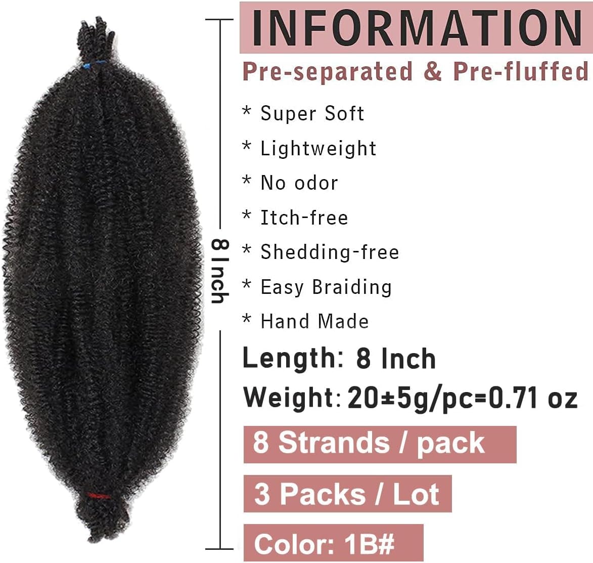 Xtrend - Soft Springy Afro Twist Hair - 8 pouces - extensions synthétiques pré-séparées, 3 packs, 1B