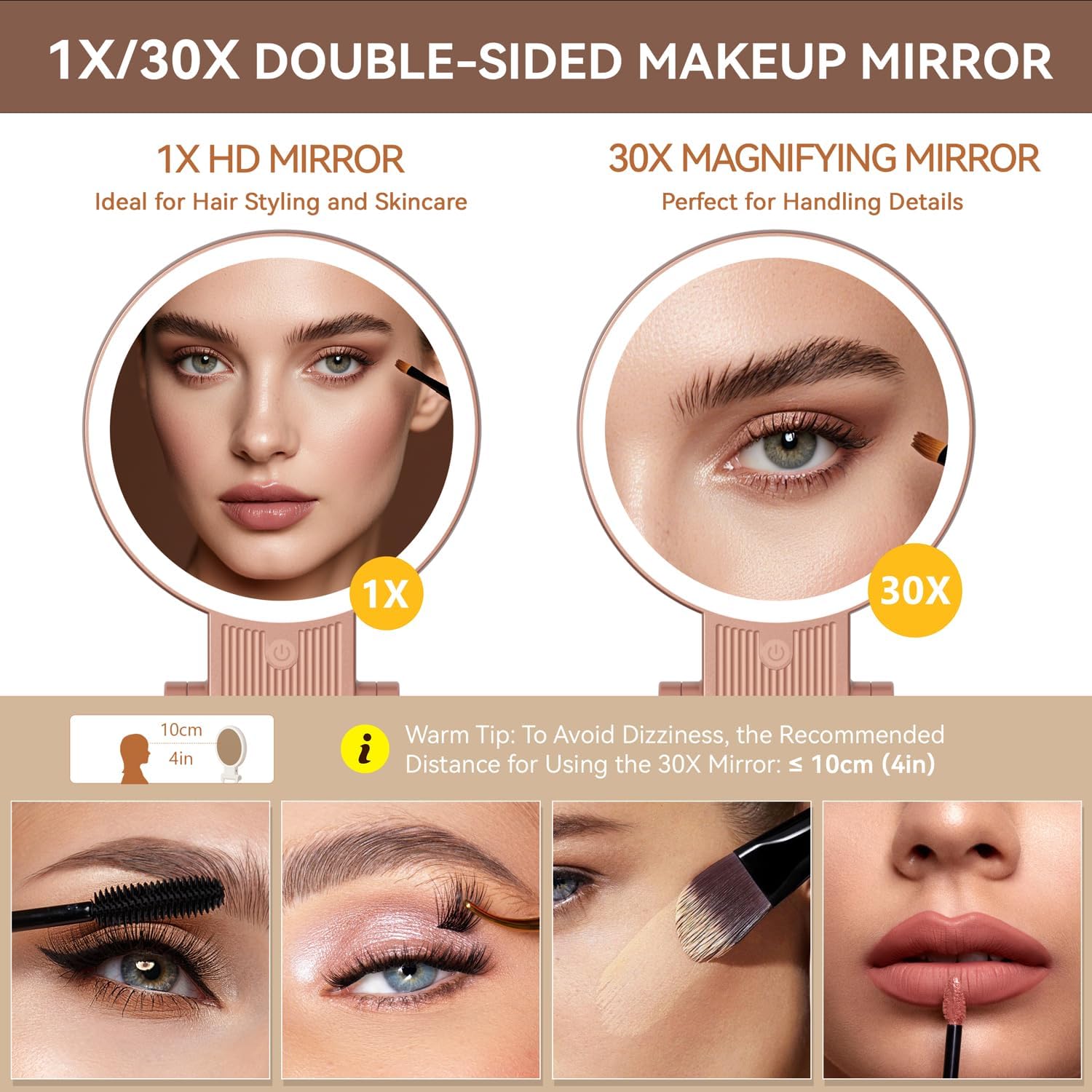 Auxmir - Miroir maquillage double face 30X/1X, LED, 2000mAh, pliable, portable