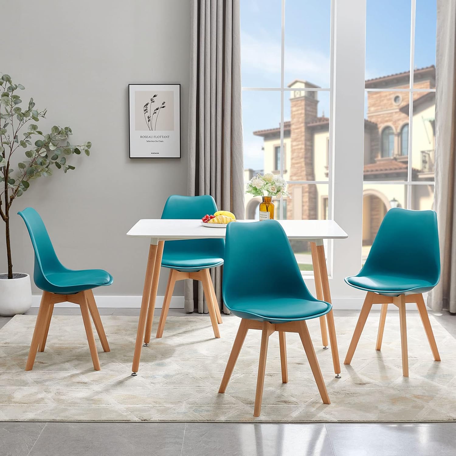 EGGREE - Lot de 8 chaises scandinaves - bois hêtre, rembourrées, turquoise